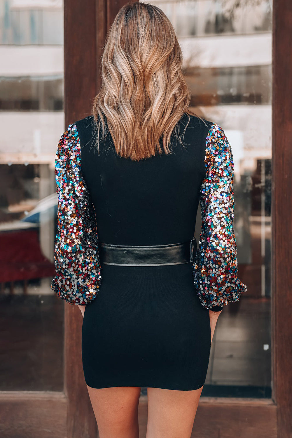 Black Sequin Bishop Sleeve U Neck Mini Sweater Dress - Premium Sweaters & Cardigans/Sweater Dresses from Momma Done Gone Crafty- Just $33.75! Shop now at Momma Done Gone Crafty