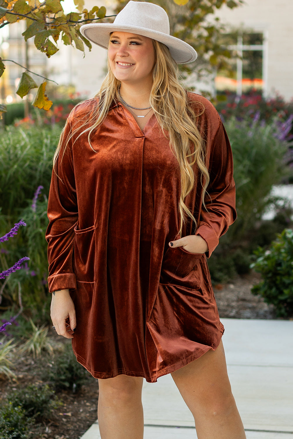Coffee Plus Size V Neck Collared Pleated Back Rounded Hem Velvet Dress - Premium Plus Size/Plus Size Dresses/Plus Size Mini Dresses from Momma Done Gone Crafty- Just $30.45! Shop now at Momma Done Gone Crafty