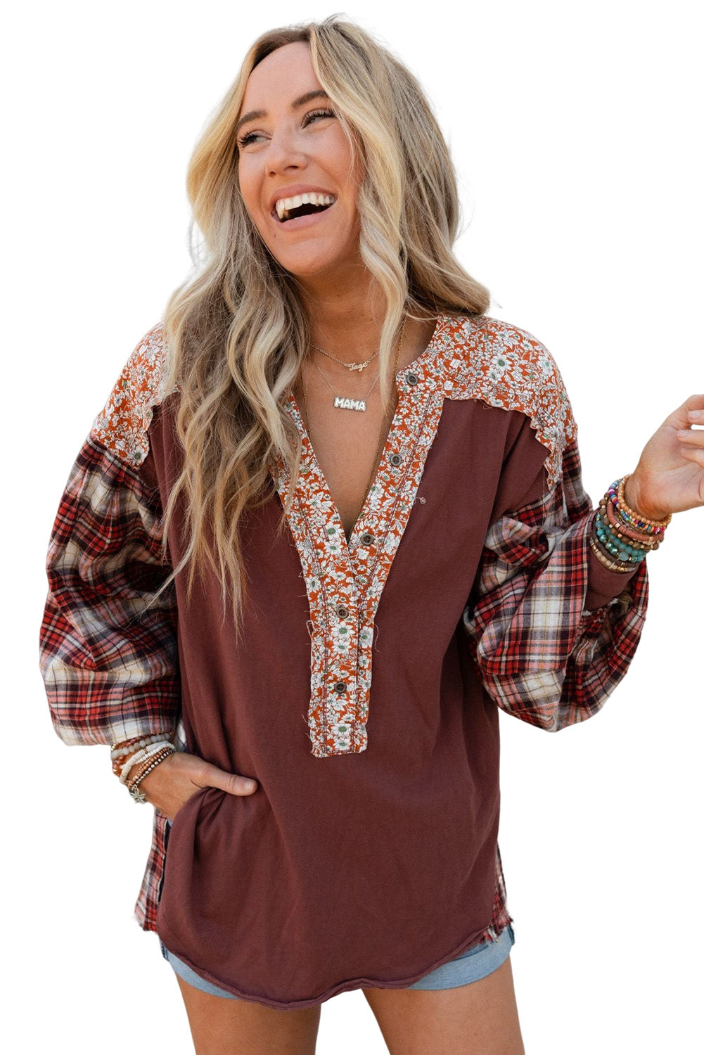 Red Floral Plaid Mixed Print Bishop Sleeve Patchwork Top - Premium Tops from Momma Done Gone Crafty- Just $61.11! Shop now at Momma Done Gone Crafty