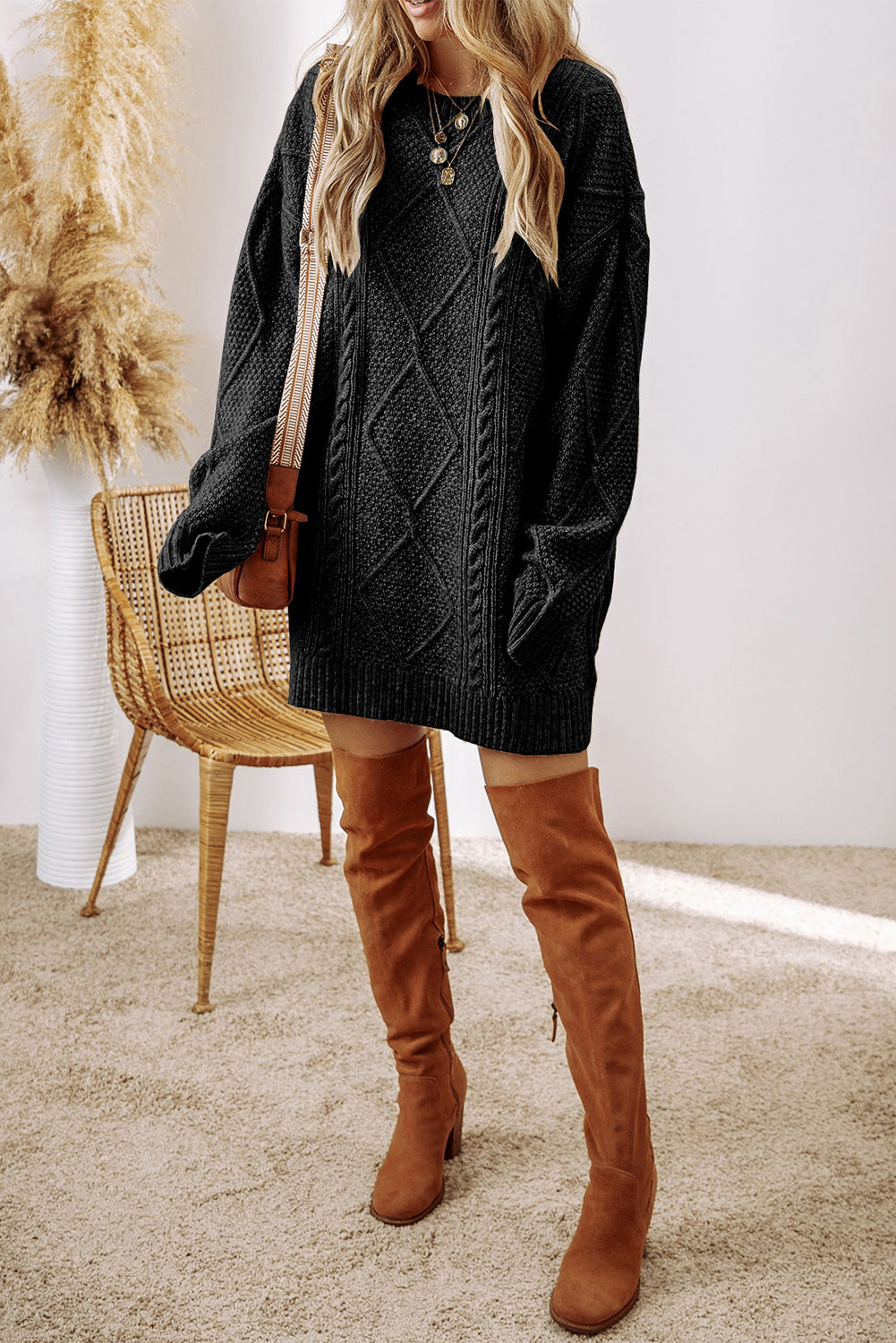 Black Cable Knit Drop Shoulder Loose Fit Sweater Dress - Premium Sweaters & Cardigans/Sweater Dresses from Momma Done Gone Crafty- Just $35.85! Shop now at Momma Done Gone Crafty