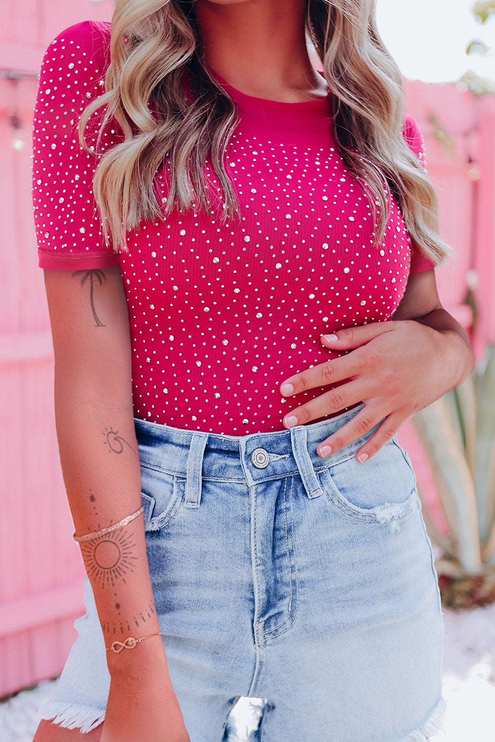 Rose Rhinestone Allover Round Neck Short Sleeve Bodysuit - Premium Tops from Momma Done Gone Crafty- Just $52.20! Shop now at Momma Done Gone Crafty
