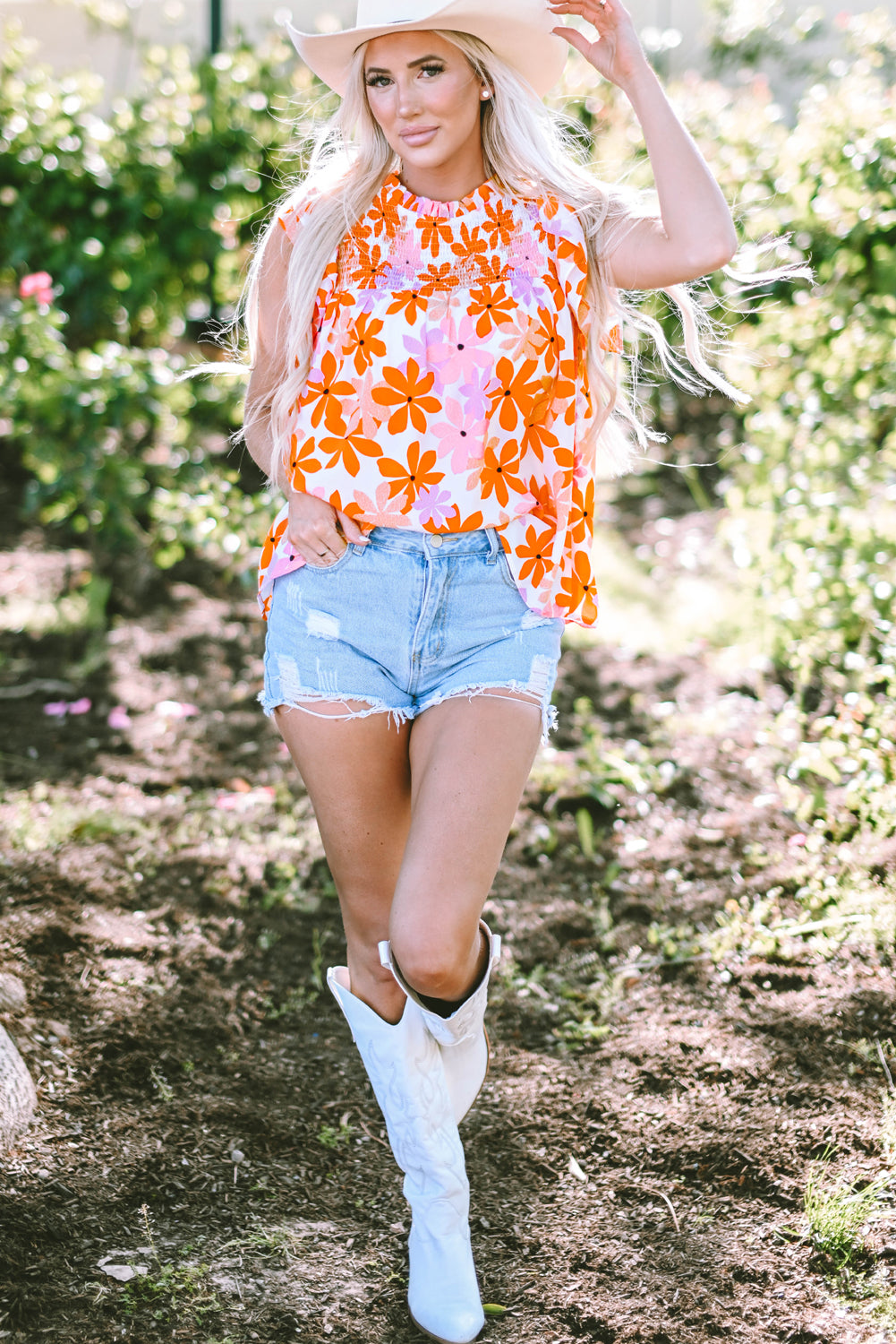 Orange Ruffled Sleeve Smocked Floral Top - Premium Tops/Blouses & Shirts from Ashes 2 Wildflowers Boutique, LLC- Just $30.14! Shop now at Ashes 2 Wildflowers Boutique, LLC