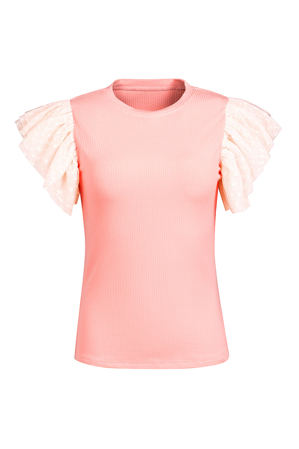 Pink Dotty Mesh Ruffle Sleeve Ribbed Knit Top - Premium Tops from Ashes 2 Wildflowers Boutique, LLC- Just $38.99! Shop now at Ashes 2 Wildflowers Boutique, LLC