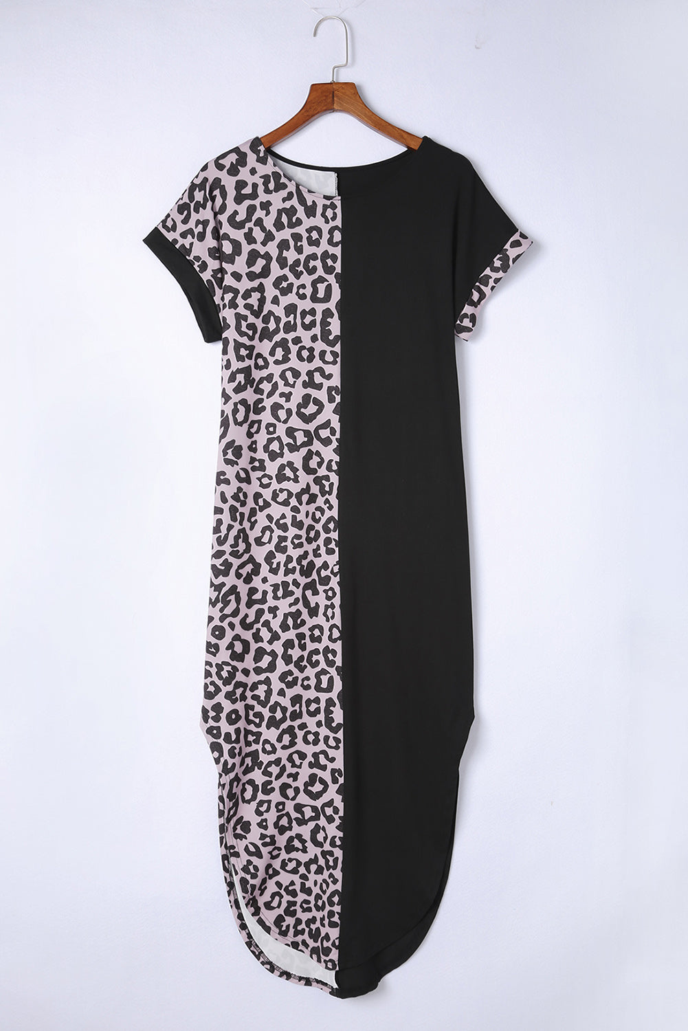 Black Contrast Solid Leopard Short Sleeve T-shirt Dress with Slits - Premium Dresses from Momma Done Gone Crafty- Just $24! Shop now at Momma Done Gone Crafty
