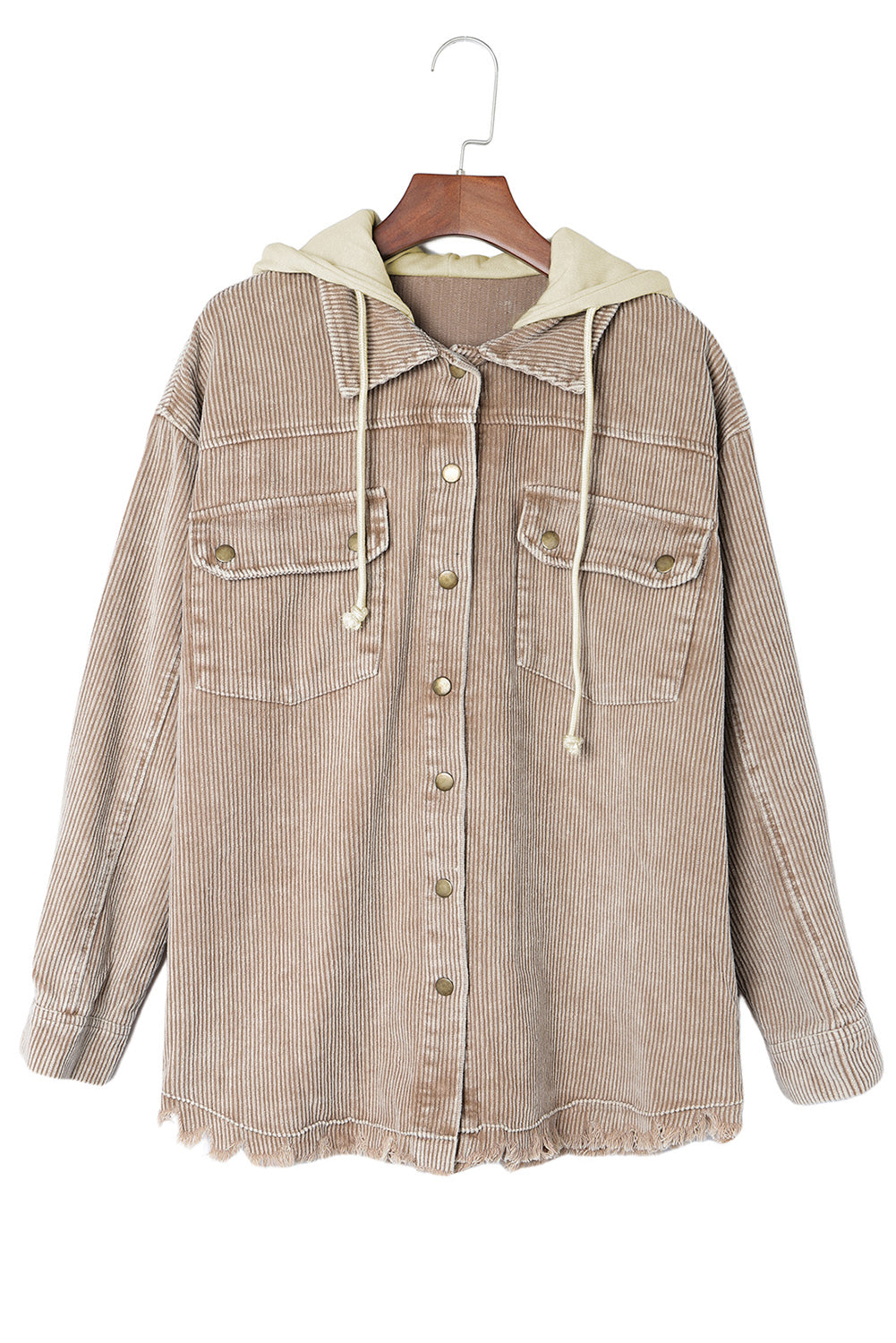 Khaki Patchwork Hooded Corduroy Shacket - Premium Outerwear from Momma Done Gone Crafty- Just $53.94! Shop now at Momma Done Gone Crafty