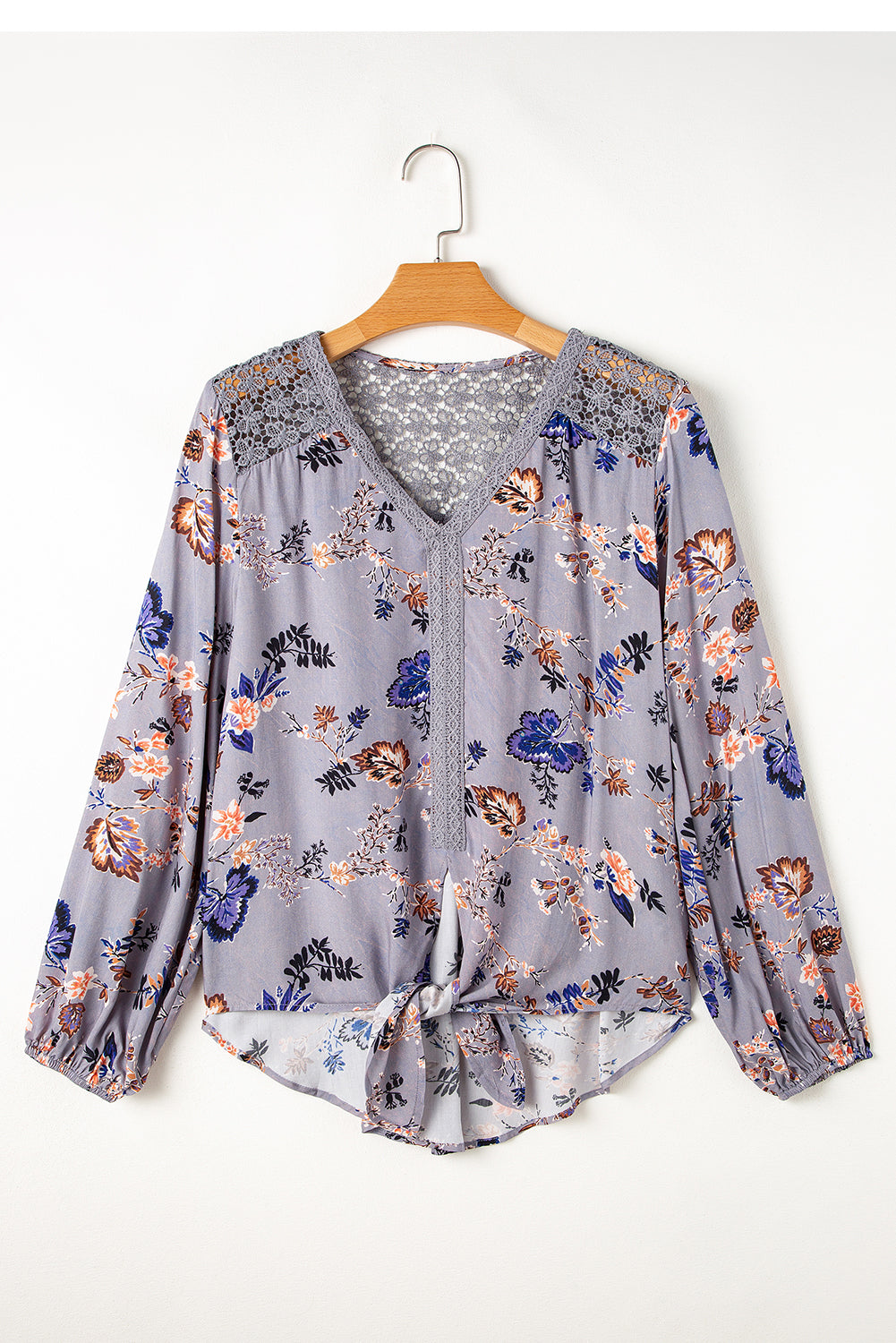 Sky Blue Floral Print Lace Patchwork Knot Front V Neck Blouse - Premium Tops/Blouses & Shirts from Ashes 2 Wildflowers Boutique, LLC- Just $30.28! Shop now at Ashes 2 Wildflowers Boutique, LLC