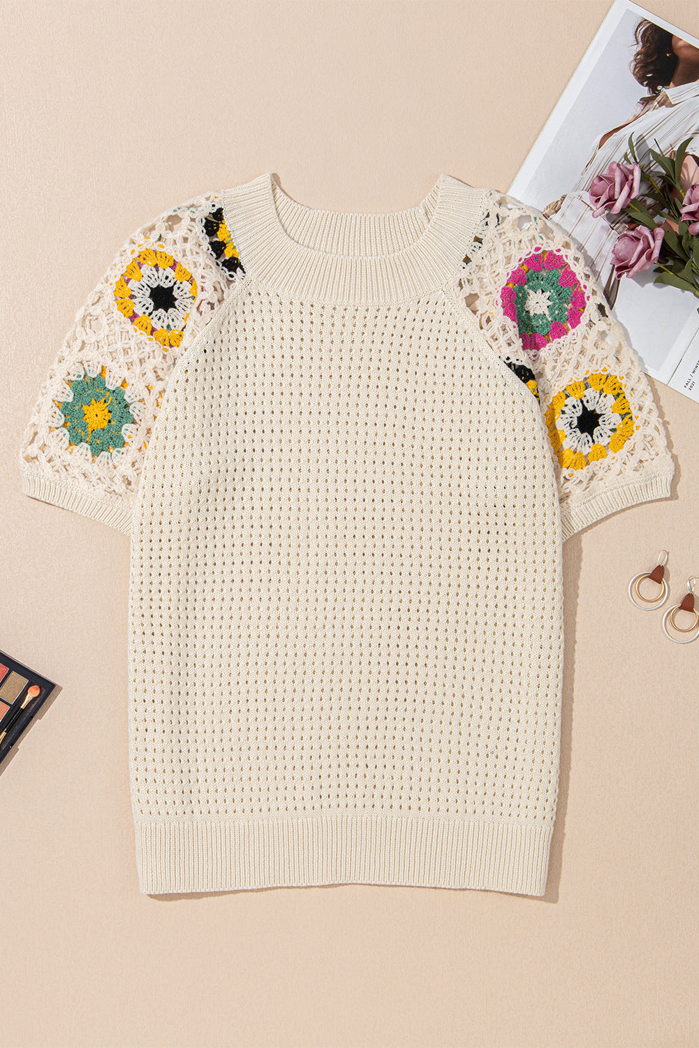 Apricot Hollow Out Floral Crochet Short Sleeve Crewneck Sweater - Premium Sweaters & Cardigans/Short Sleeve Sweaters from Momma Done Gone Crafty- Just $31.05! Shop now at Momma Done Gone Crafty