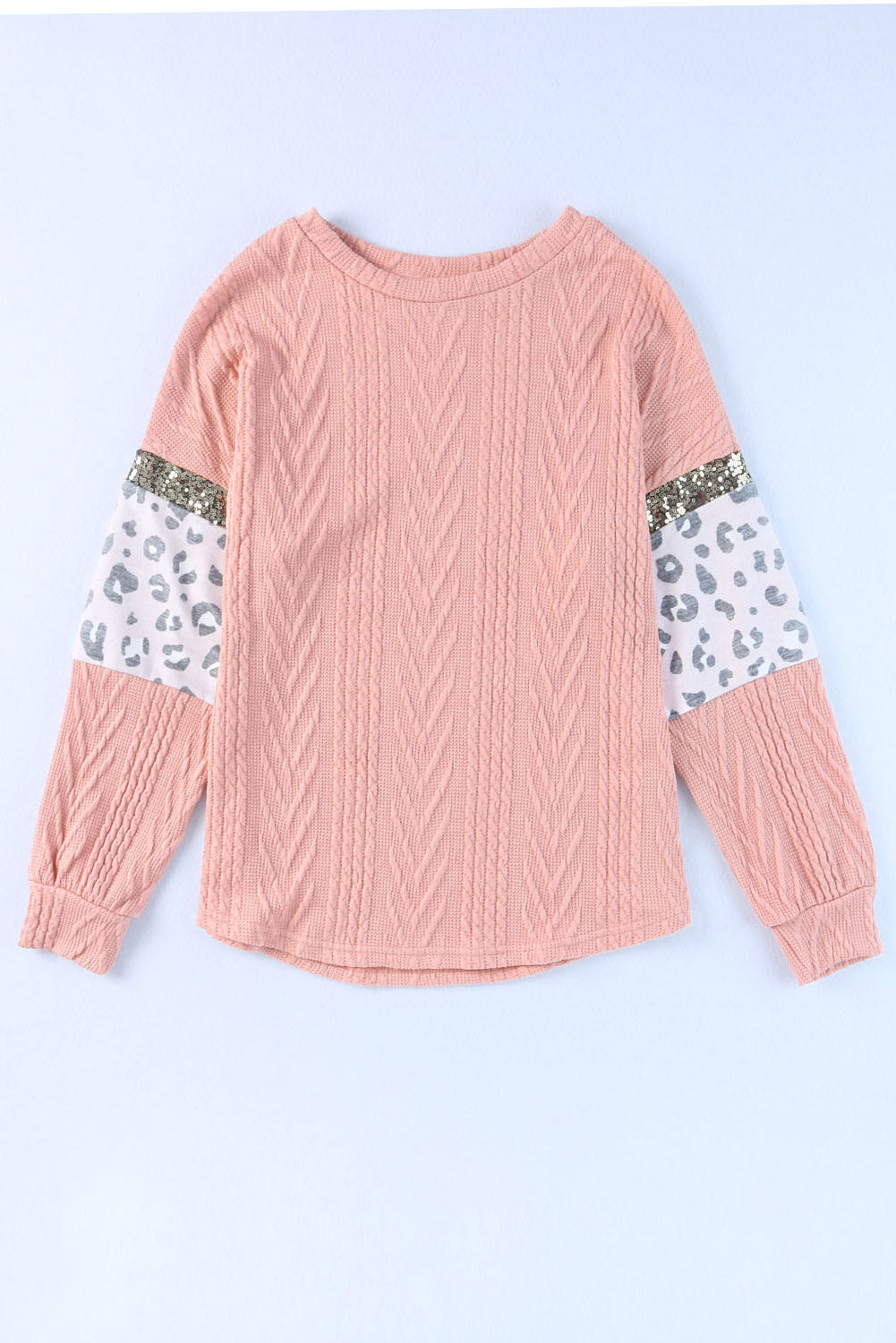 Pink Leopard Sequin Splicing Sleeves Textured Knit Top - Premium Tops from Momma Done Gone Crafty- Just $36.90! Shop now at Momma Done Gone Crafty