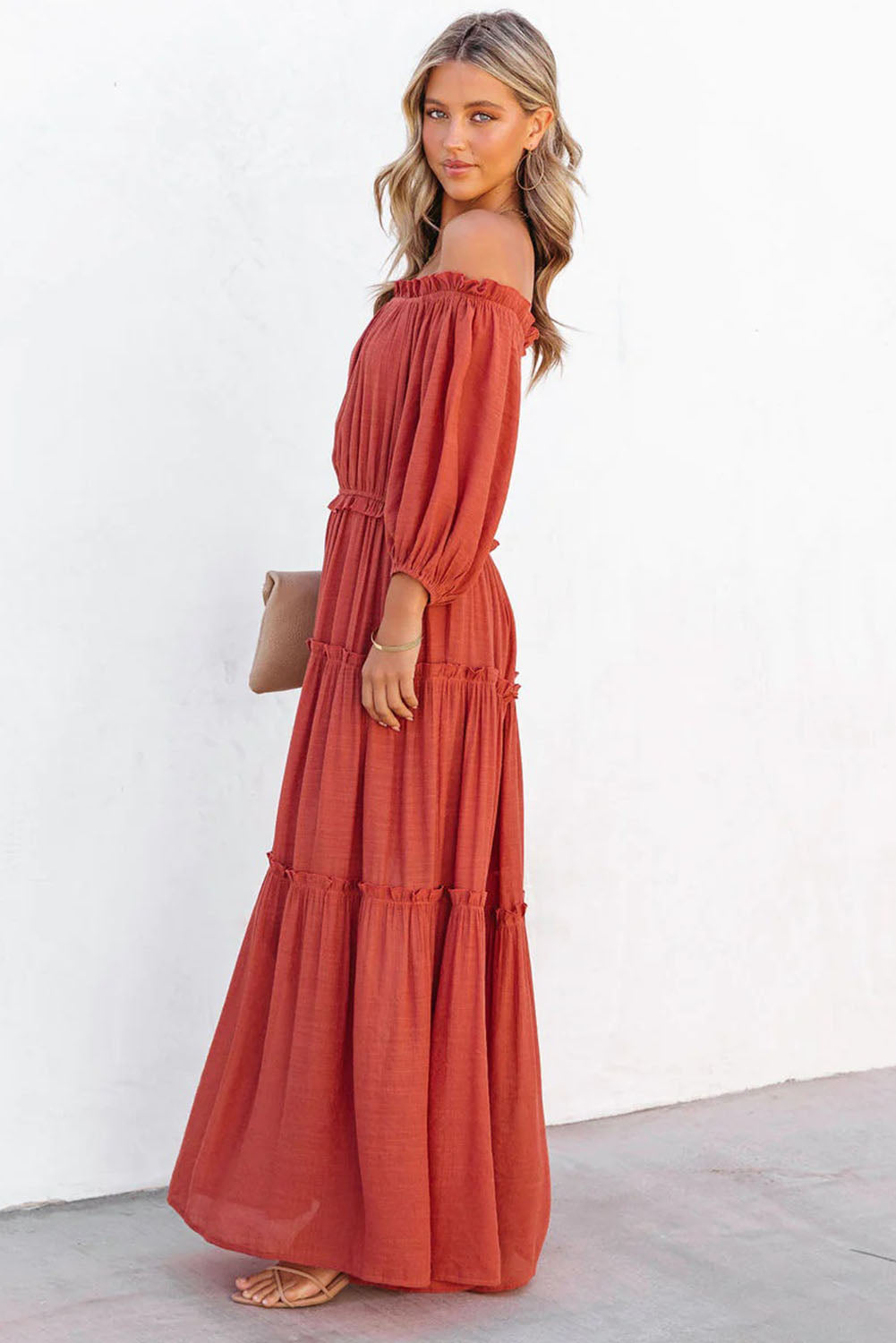 Orange Off Shoulder Balloon Sleeve Cutout Ruffled Maxi Dress - Premium Dresses from Momma Done Gone Crafty- Just $54.99! Shop now at Momma Done Gone Crafty