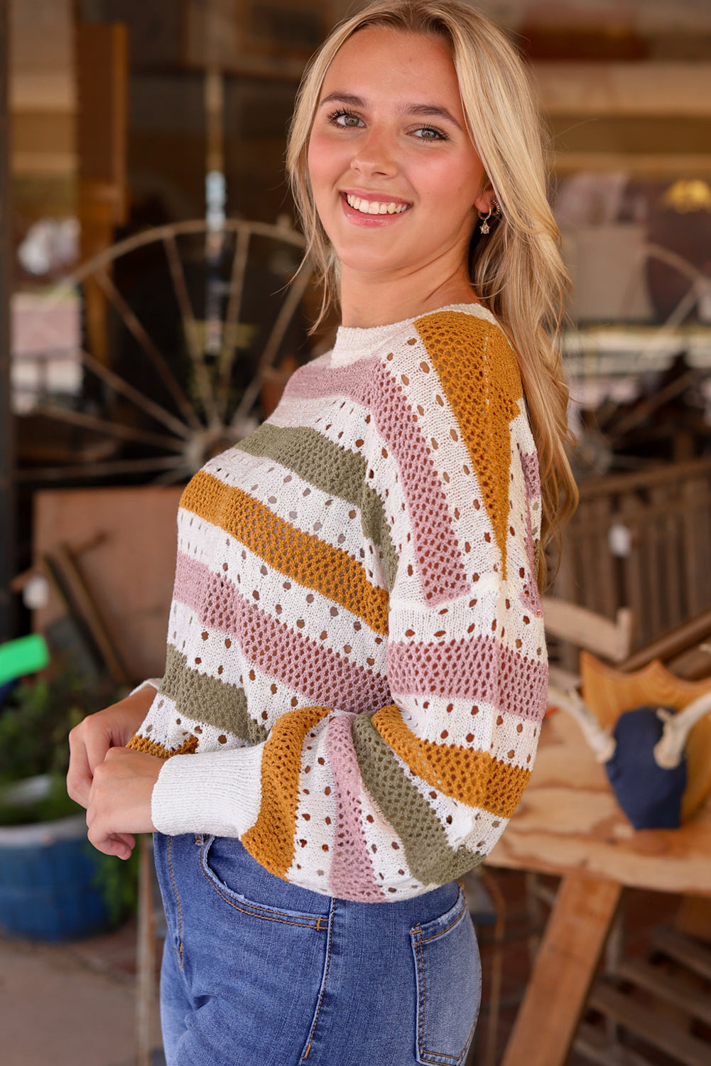 Multicolor Striped Hollowed Knitted Loose Sweater - Premium Tops from Momma Done Gone Crafty- Just $35.40! Shop now at Momma Done Gone Crafty