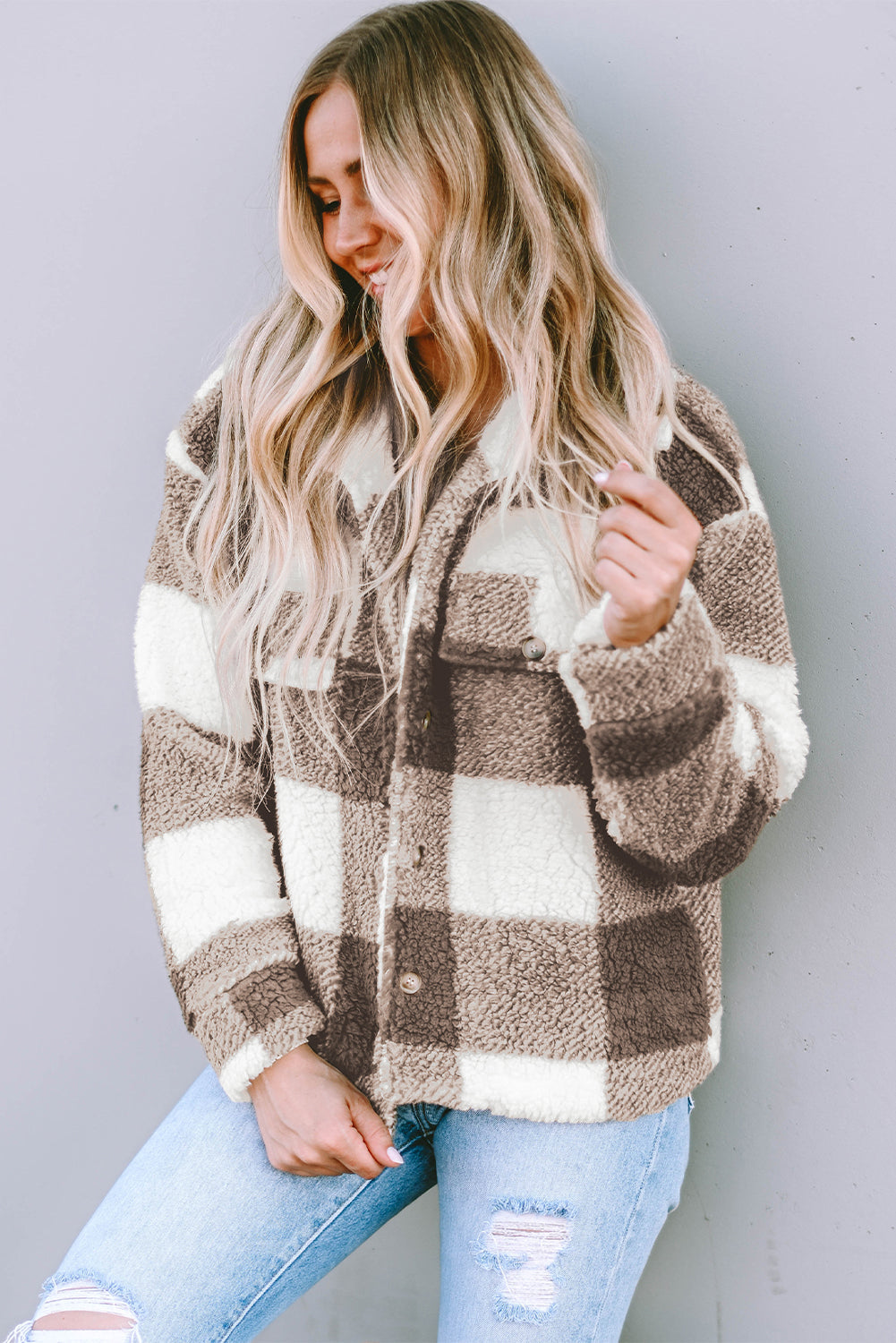 Khaki Plaid Sherpa Buttoned Flap Pocket Shacket - Premium Outerwear from Momma Done Gone Crafty- Just $48.99! Shop now at Momma Done Gone Crafty