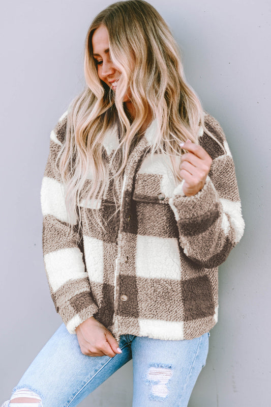 Khaki Plaid Sherpa Buttoned Flap Pocket Shacket - Premium Outerwear from Momma Done Gone Crafty- Just $48.99! Shop now at Momma Done Gone Crafty