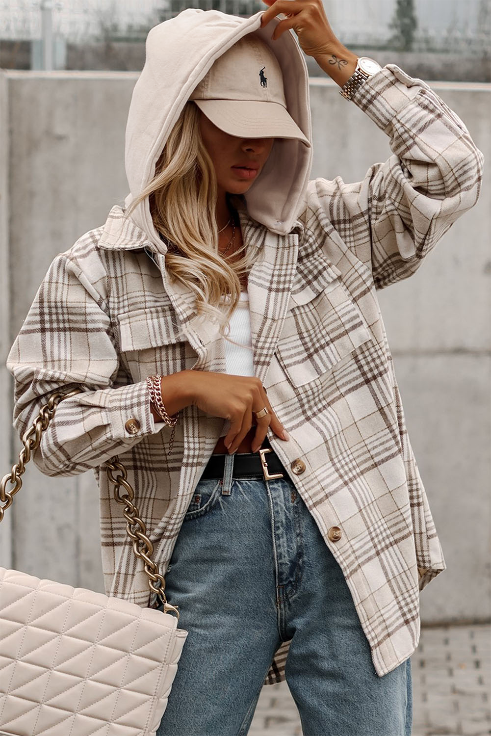 Khaki Plaid Removable Hood Buttoned Shacket - Premium Outerwear/Plaid Shackets from Momma Done Gone Crafty- Just $58.99! Shop now at Momma Done Gone Crafty