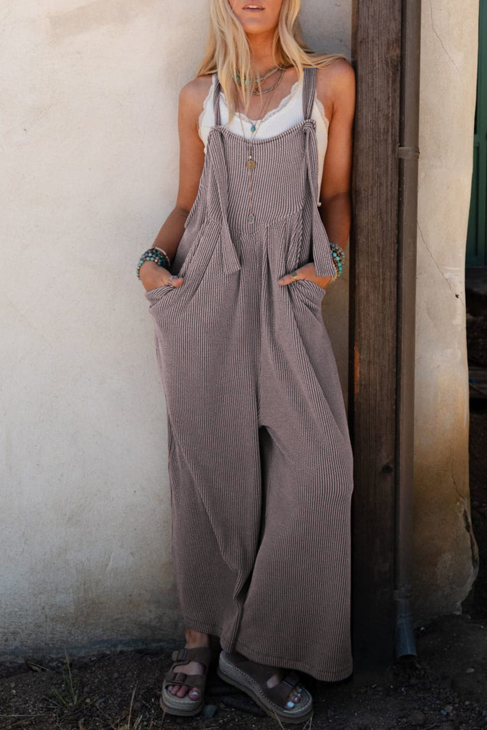 Philippine Gray Corded Adjustable Straps Wide Leg Loose Overall - Premium Bottoms/Jumpsuits & Rompers from Ashes 2 Wildflowers Boutique, LLC- Just $34.35! Shop now at Ashes 2 Wildflowers Boutique, LLC