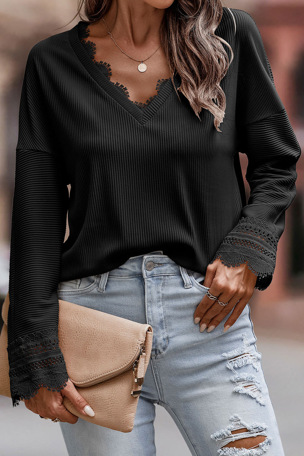 Black Ribbed Texture Lace Trim V Neck Long Sleeve Top - Premium Tops from Momma Done Gone Crafty- Just $42.60! Shop now at Momma Done Gone Crafty