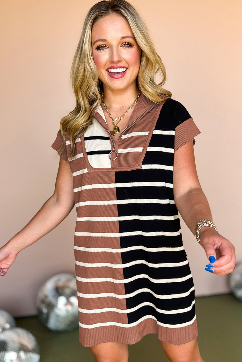 Black Stripe Color Block Quarter Zip Collar Short Sleeve Sweater Dress - Premium Sweaters & Cardigans/Sweater Dresses from Ashes 2 Wildflowers Boutique, LLC- Just $37.48! Shop now at Ashes 2 Wildflowers Boutique, LLC