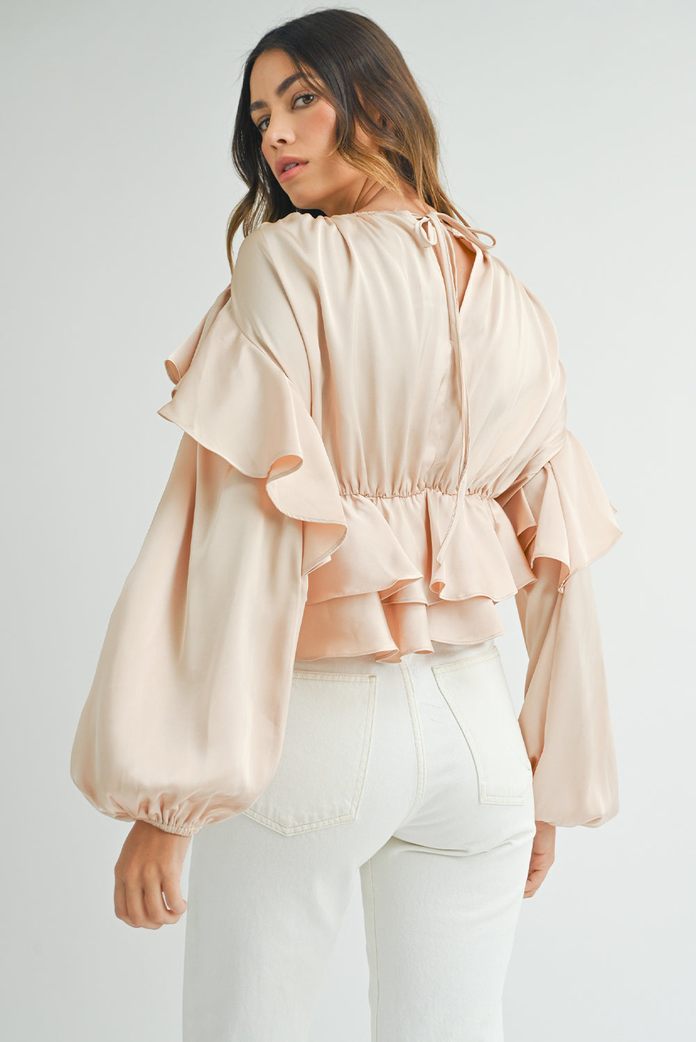 Oatmeal Lace-up Keyhole Back Ruffled Peplum Blouse - Premium Tops/Blouses & Shirts from Ashes 2 Wildflowers Boutique, LLC- Just $33.80! Shop now at Ashes 2 Wildflowers Boutique, LLC