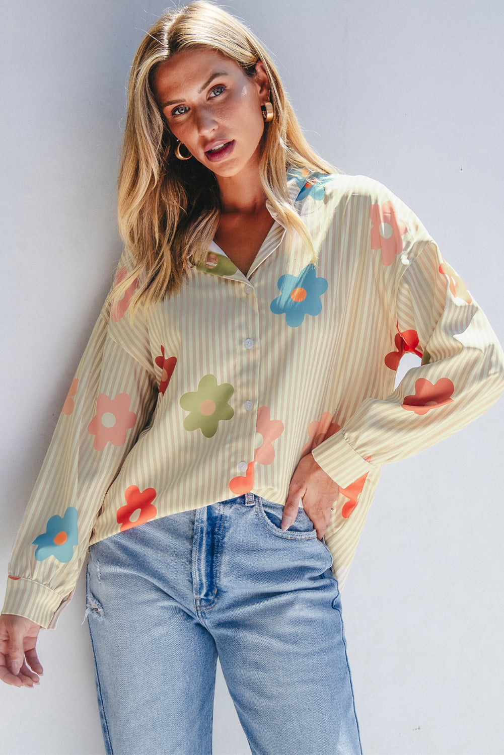 Apricot Stripe Flower Print Collared Button-up Loose Fit Shirt - Premium Sale (50% OFF)/30% OFF from Ashes 2 Wildflowers Boutique, LLC- Just $20.29! Shop now at Ashes 2 Wildflowers Boutique, LLC