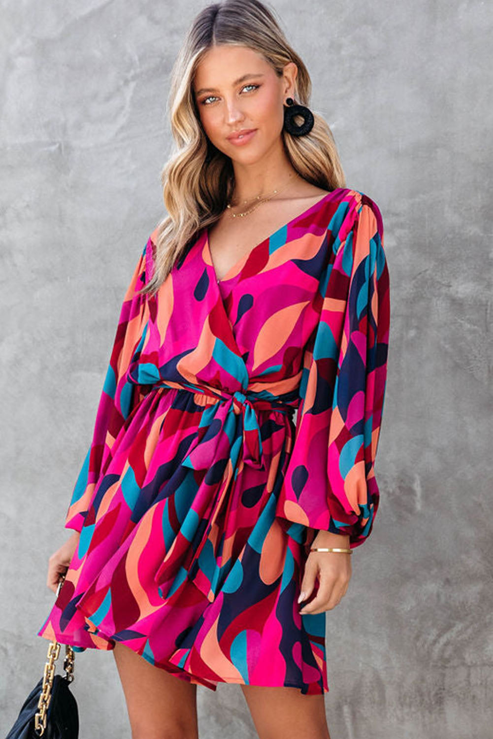 Red Abstract Printed Belted Puff Sleeve Mini Dress - Premium Dresses from Momma Done Gone Crafty- Just $49.94! Shop now at Momma Done Gone Crafty