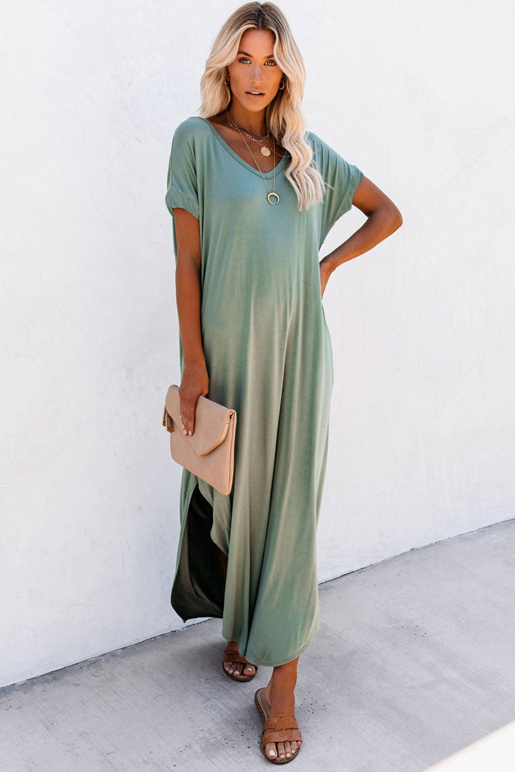 Grass Green V Neck Hidden Pocket Splits Maxi T-shirt Dress - Premium Dresses/T Shirt Dresses from Ashes 2 Wildflowers Boutique, LLC- Just $20.31! Shop now at Ashes 2 Wildflowers Boutique, LLC