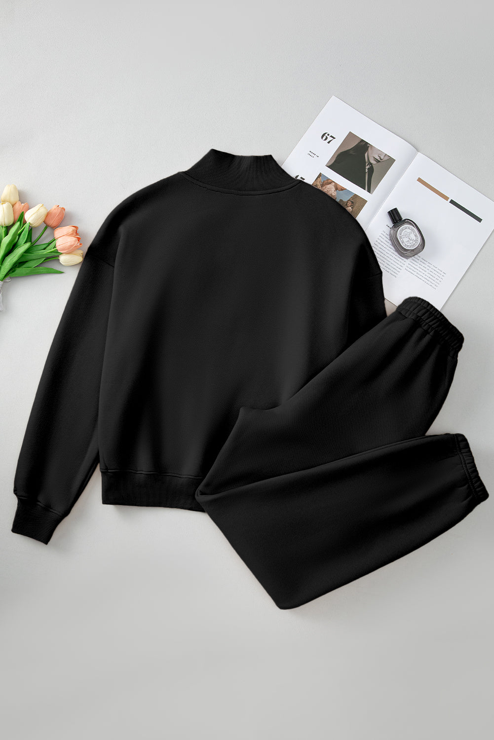 Black Plain Half Zip V Neck Ribbed Edge Loose Tracksuit - Premium Activewear/Activewear Sets from Ashes 2 Wildflowers Boutique, LLC- Just $47.70! Shop now at Ashes 2 Wildflowers Boutique, LLC