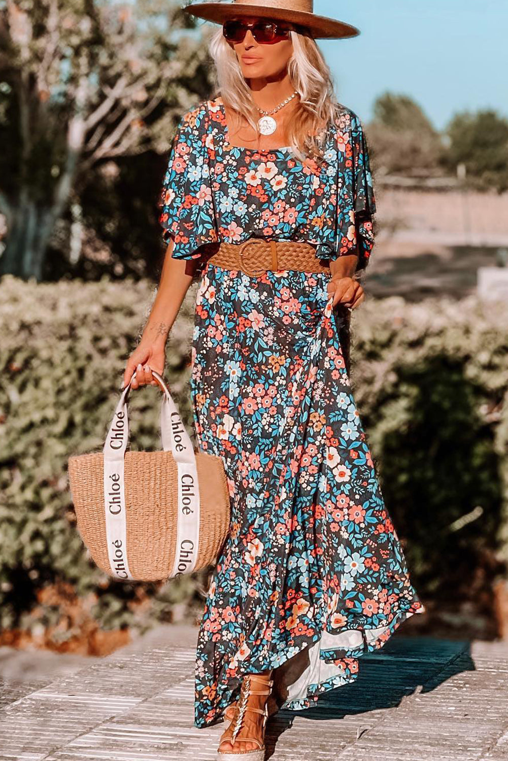 Sky Blue Floral Knotted Back Square Neck Maxi Dress - Premium Dresses/Floral Dresses from Momma Done Gone Crafty- Just $36.09! Shop now at Momma Done Gone Crafty