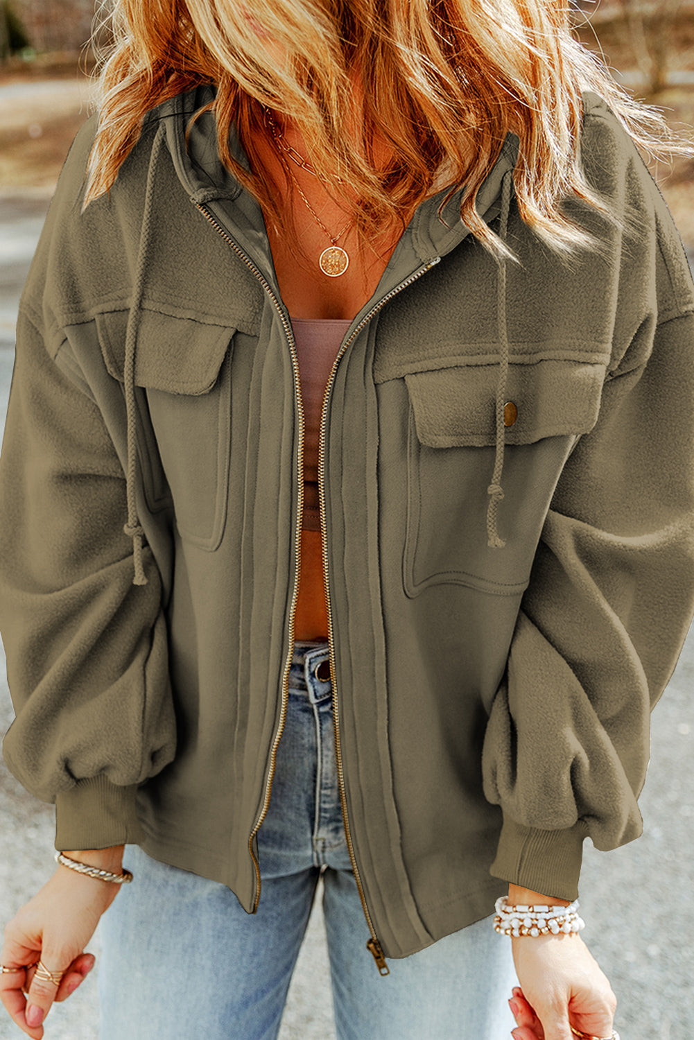 Green Flap Pocket Drawstring Hood Zip Up Jacket - Premium Outerwear from Momma Done Gone Crafty- Just $51.60! Shop now at Momma Done Gone Crafty