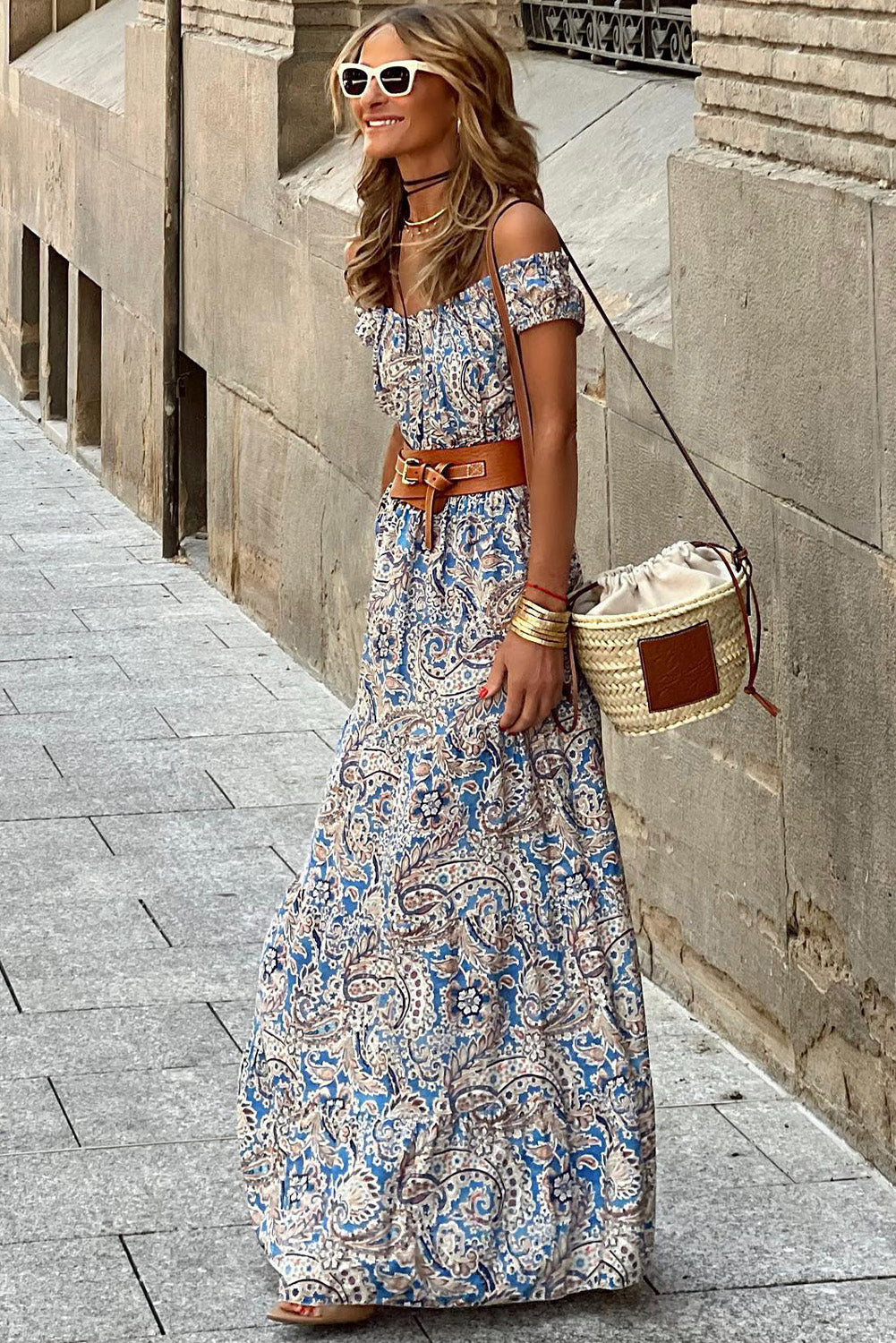 Blue Boho Paisley Print Off Shoulder Maxi Dress - Premium Dresses/Floral Dresses from Momma Done Gone Crafty- Just $32.76! Shop now at Momma Done Gone Crafty