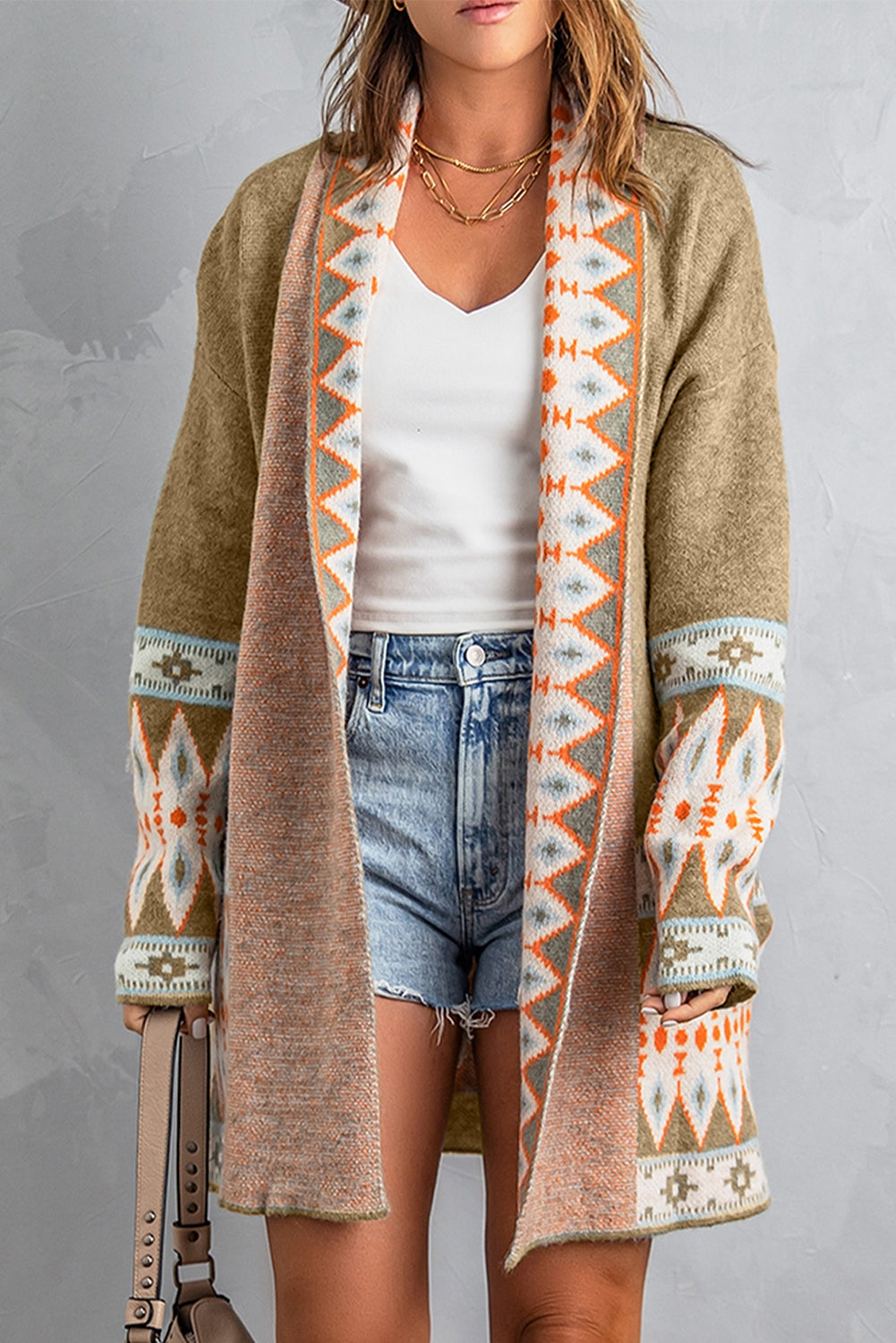 Khaki Aztec Print Open Front Knitted Cardigan - Premium Sweaters & Cardigans/Cardigans from Ashes 2 Wildflowers Boutique, LLC- Just $40.97! Shop now at Ashes 2 Wildflowers Boutique, LLC