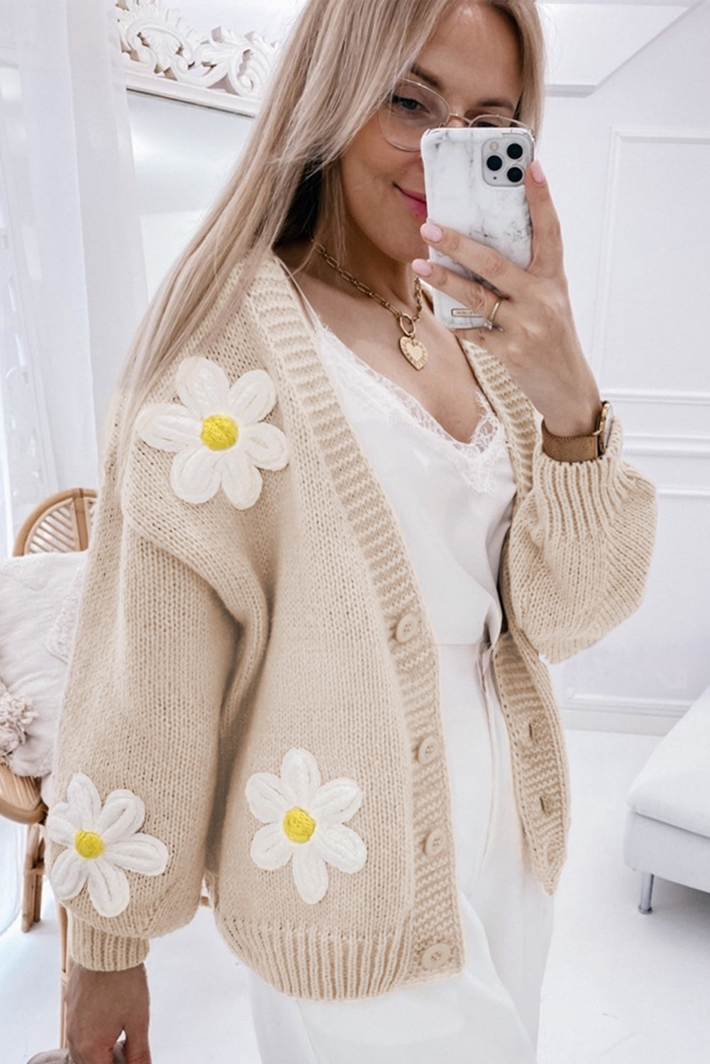 Parchment Elegant Flower Decor Button Front Cardigan - Premium Sweaters & Cardigans/Cardigans from Momma Done Gone Crafty- Just $45.45! Shop now at Momma Done Gone Crafty