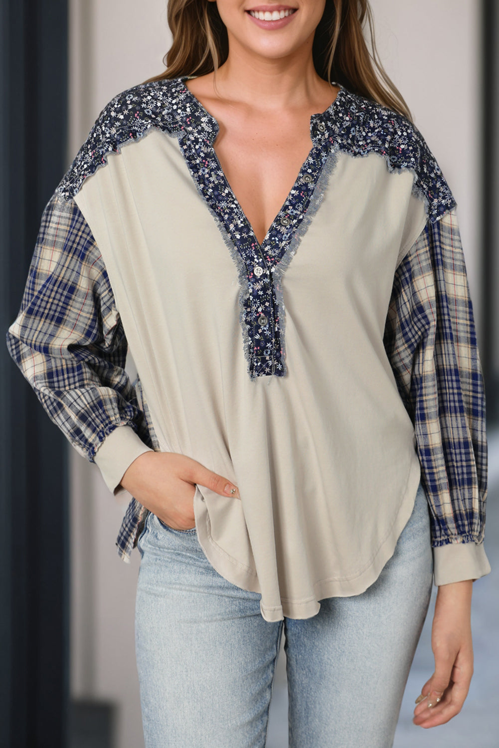 Blue Floral Plaid Mixed Print Bishop Sleeve Patchwork Top - Premium Tops from Momma Done Gone Crafty- Just $45.87! Shop now at Momma Done Gone Crafty
