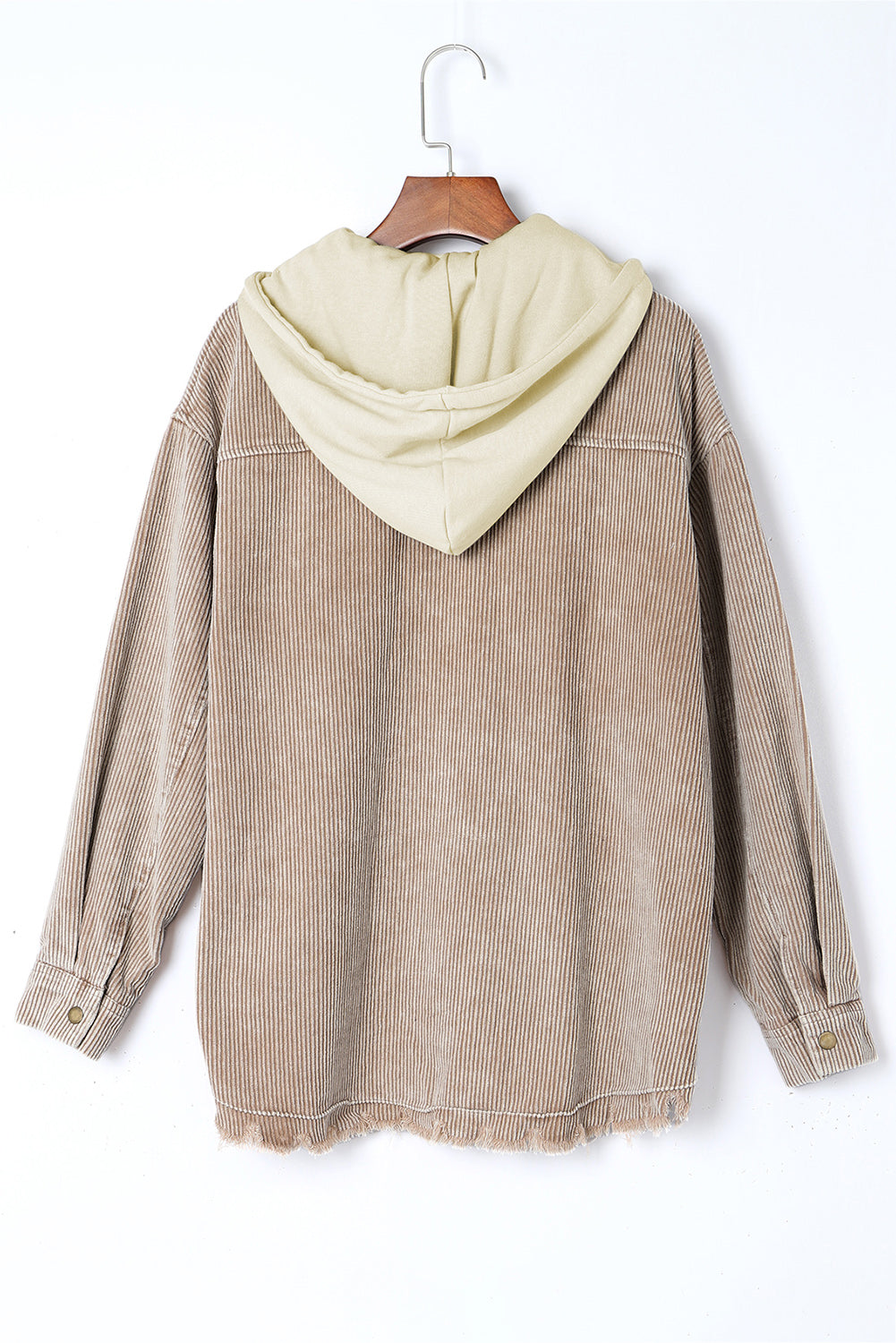 Khaki Patchwork Hooded Corduroy Shacket - Premium Outerwear from Momma Done Gone Crafty- Just $53.94! Shop now at Momma Done Gone Crafty