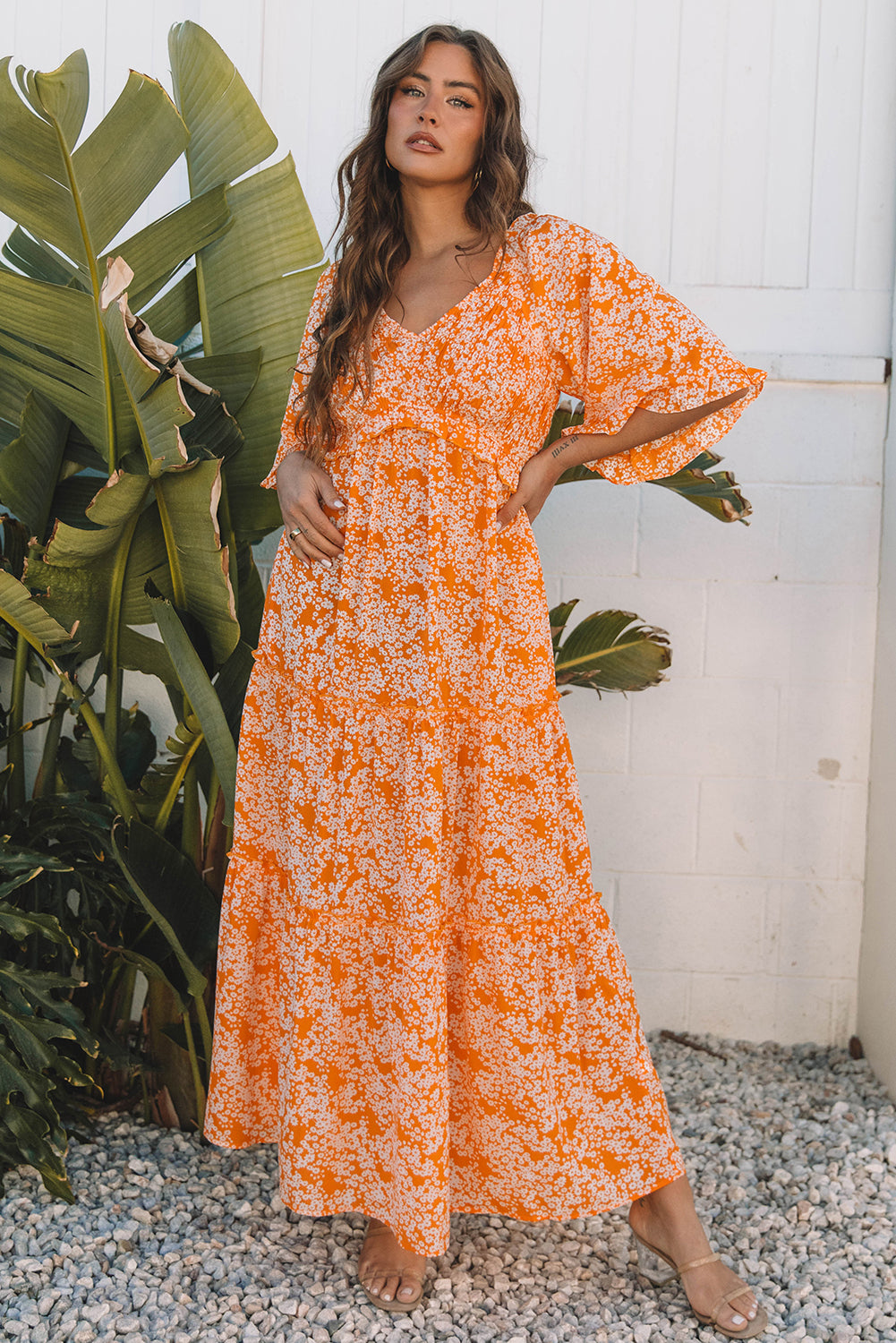 Orange Floral Print Smocked V Neck Wide Sleeve Maxi Dress - Premium Dresses/Floral Dresses from Momma Done Gone Crafty- Just $55.99! Shop now at Momma Done Gone Crafty