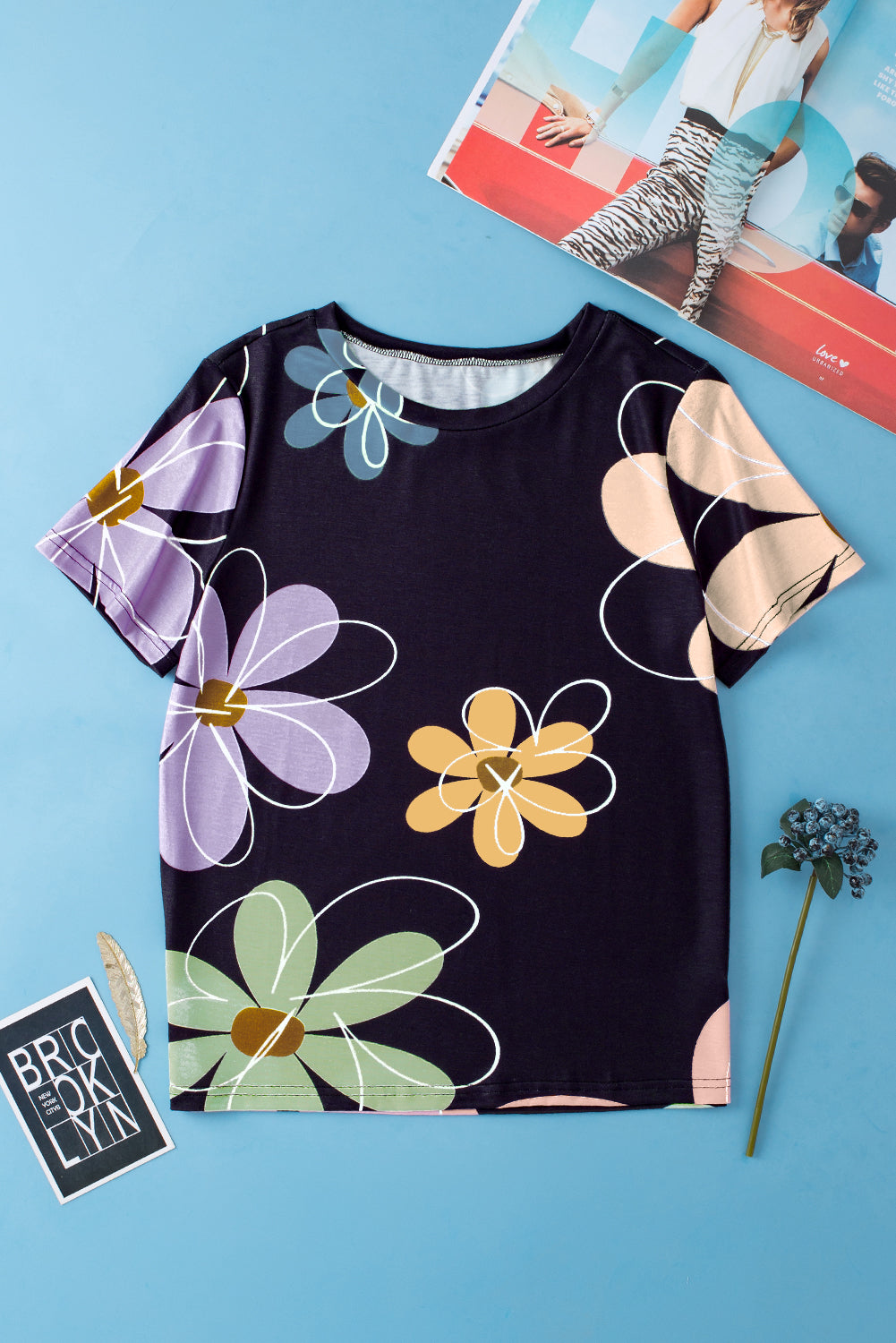 Black Summer Flower Print Casual Round Neck T Shirt - Premium Tops/Tops & Tees from Ashes 2 Wildflowers Boutique, LLC- Just $25.22! Shop now at Ashes 2 Wildflowers Boutique, LLC
