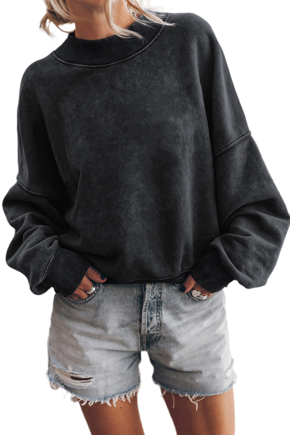 Black Drop Shoulder Crew Neck Pullover Sweatshirt - Premium Tops from Momma Done Gone Crafty- Just $41.94! Shop now at Momma Done Gone Crafty