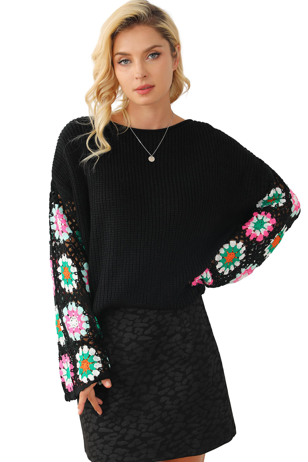 Black Floral Crochet Bell Sleeve Loose Sweater - Premium Tops from Momma Done Gone Crafty- Just $52.99! Shop now at Momma Done Gone Crafty