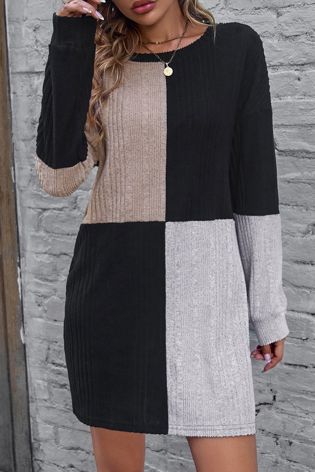 Black Ribbed Color Block Drop Shoulder Long Sleeve Mini Dress - Premium Dresses from Momma Done Gone Crafty- Just $26.99! Shop now at Momma Done Gone Crafty