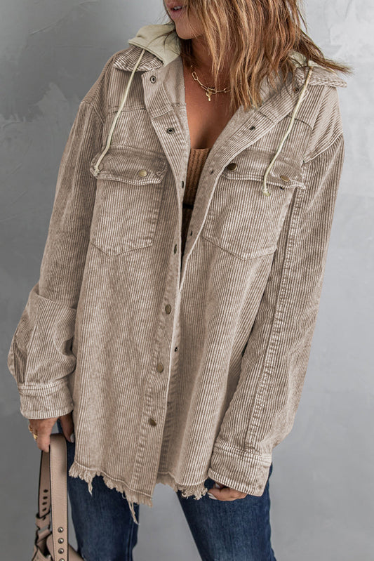 Khaki Patchwork Hooded Corduroy Shacket - Premium Outerwear from Momma Done Gone Crafty- Just $53.94! Shop now at Momma Done Gone Crafty