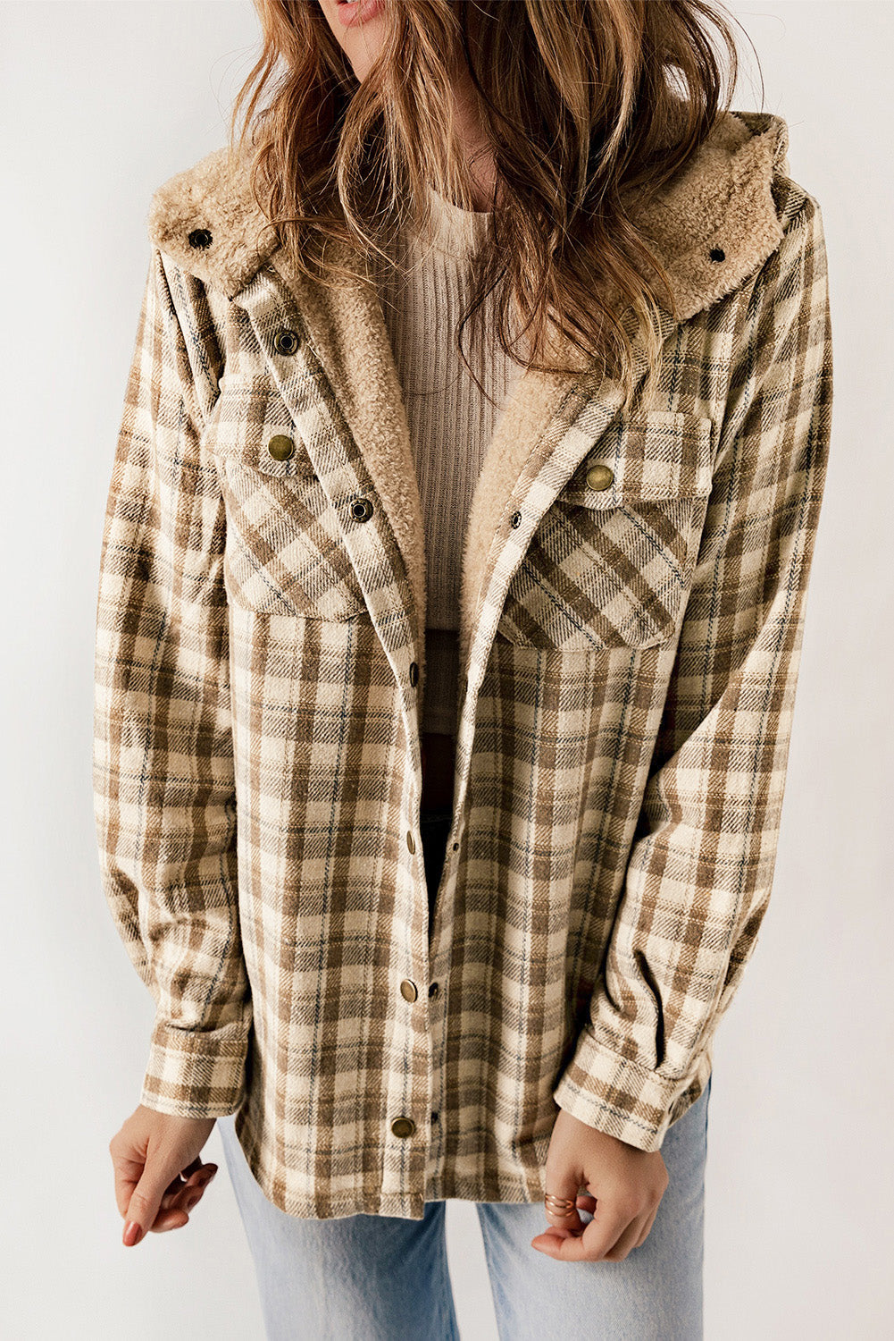 Khaki Plaid Pattern Sherpa Lined Hooded Shacket - Premium Outerwear from Momma Done Gone Crafty- Just $59.94! Shop now at Momma Done Gone Crafty
