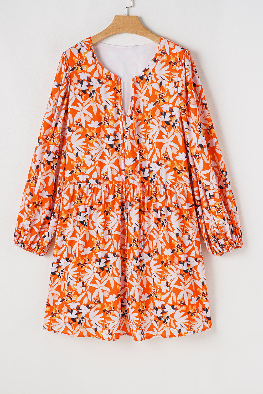 Orange Floral Print Split V Neck Bubble Sleeve Plus Size Midi Dress - Premium Plus Size/Plus Size Dresses/Plus Size Midi Dresses from Momma Done Gone Crafty- Just $38.70! Shop now at Momma Done Gone Crafty