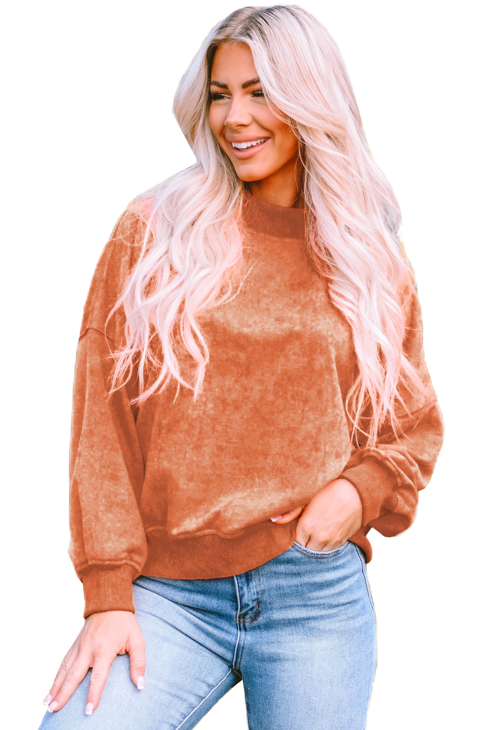 Orange Drop Shoulder Crew Neck Pullover Sweatshirt - Premium Tops from Momma Done Gone Crafty- Just $41.94! Shop now at Momma Done Gone Crafty