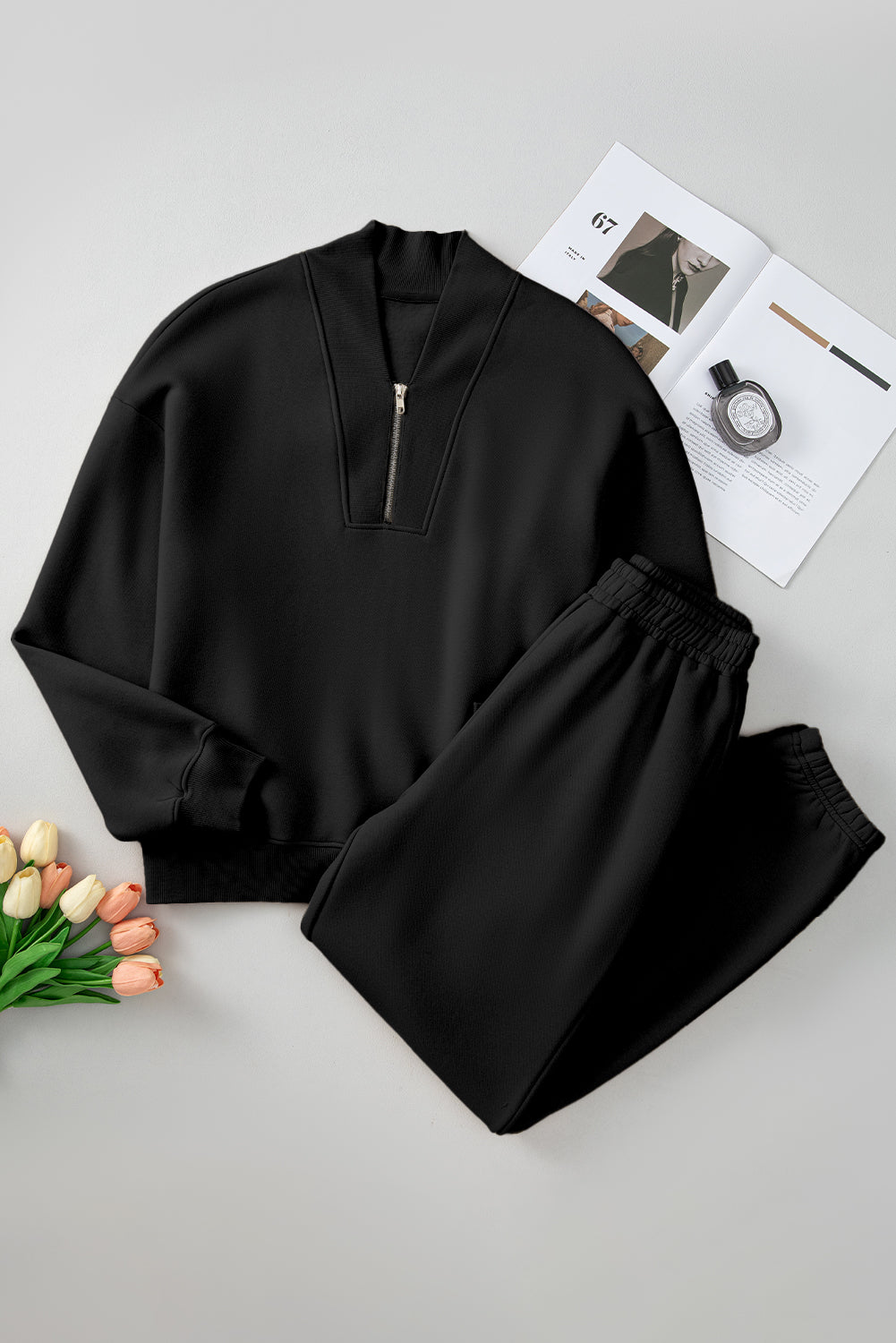 Black Plain Half Zip V Neck Ribbed Edge Loose Tracksuit - Premium Activewear/Activewear Sets from Ashes 2 Wildflowers Boutique, LLC- Just $47.70! Shop now at Ashes 2 Wildflowers Boutique, LLC