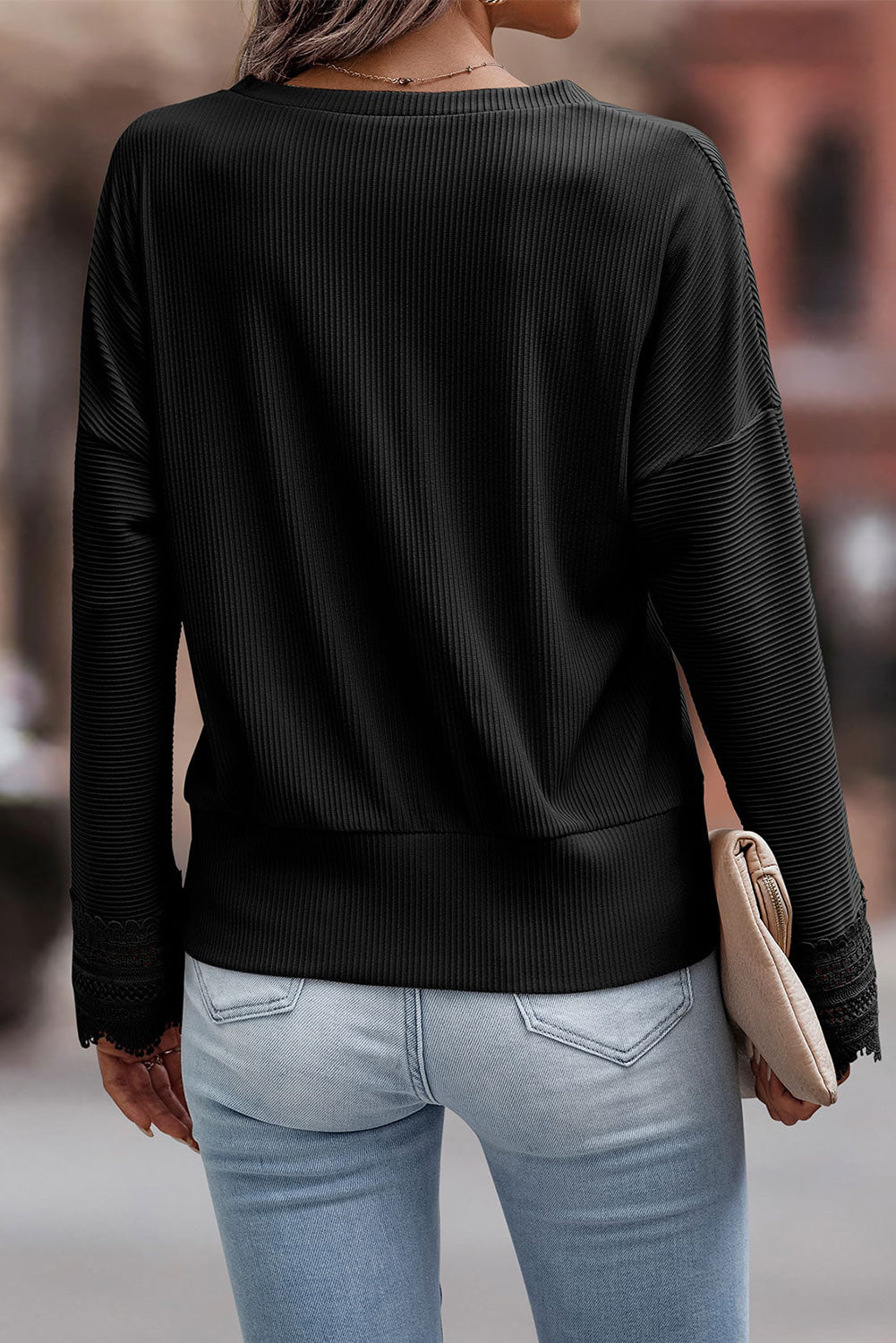 Black Ribbed Texture Lace Trim V Neck Long Sleeve Top - Premium Tops from Momma Done Gone Crafty- Just $42.60! Shop now at Momma Done Gone Crafty