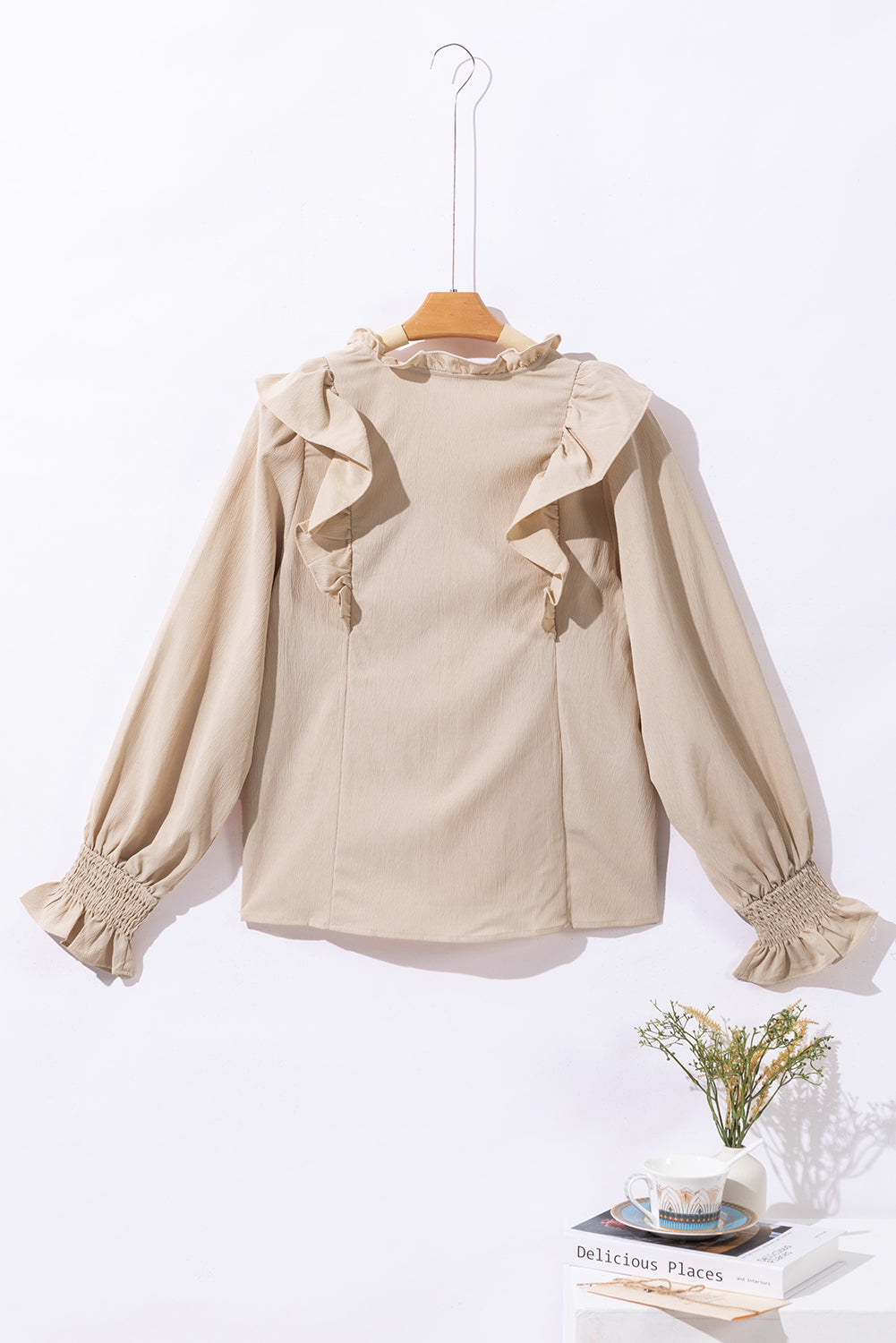 Khaki Ruffled Lace up Bubble Sleeve Blouse - Premium Tops from Momma Done Gone Crafty- Just $45.18! Shop now at Momma Done Gone Crafty