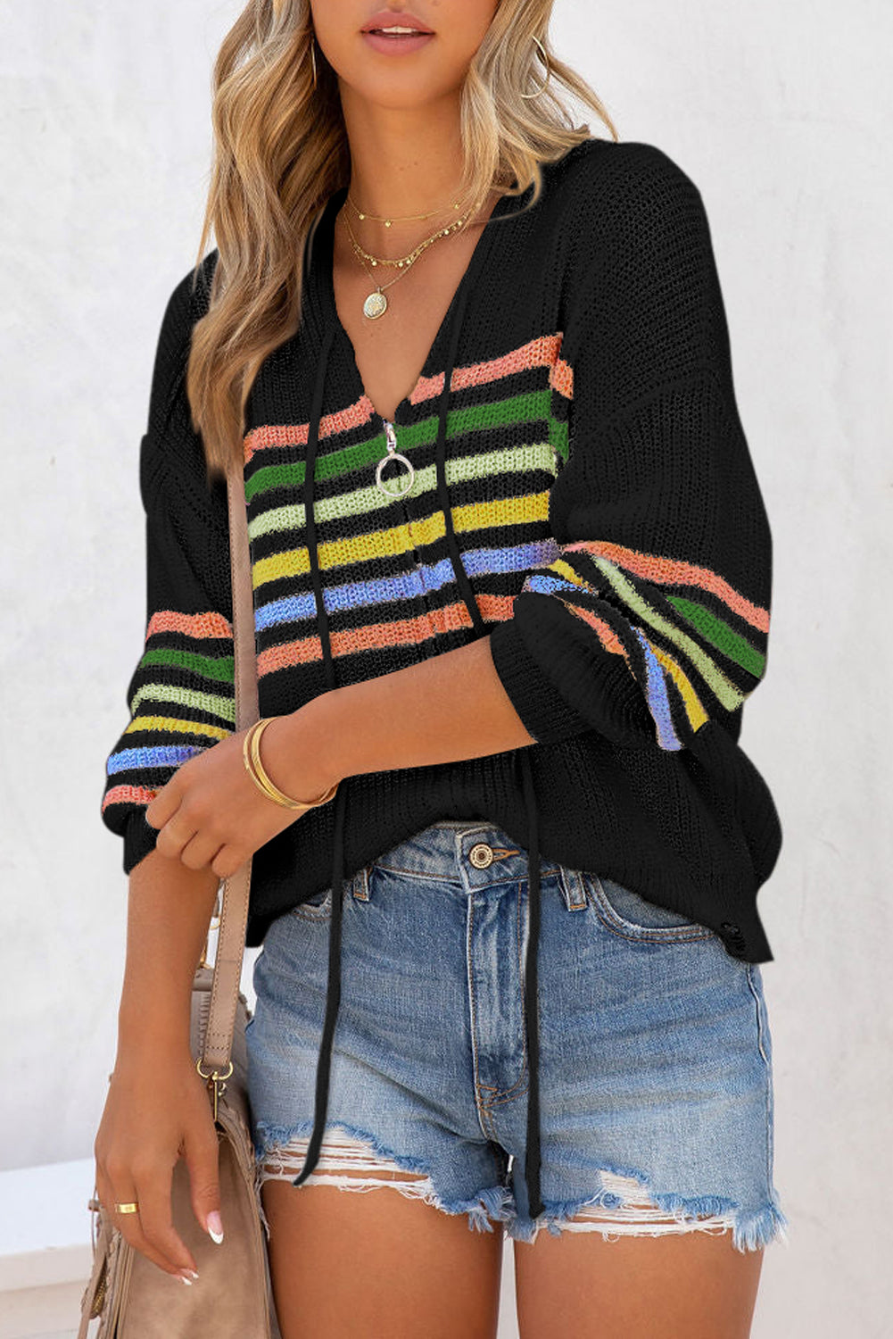 Black Striped Detail Zip Up Hooded Sweater Cardigan - Premium Tops from Momma Done Gone Crafty- Just $47.94! Shop now at Momma Done Gone Crafty