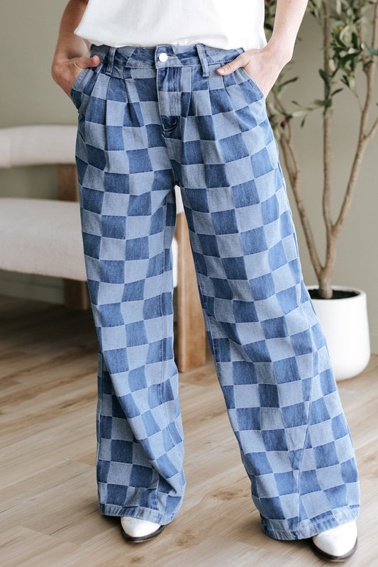 Dusk Blue Checkered Denim Wide Leg Jeans - Premium Bottoms/Jeans from Ashes 2 Wildflowers Boutique, LLC- Just $38.15! Shop now at Ashes 2 Wildflowers Boutique, LLC
