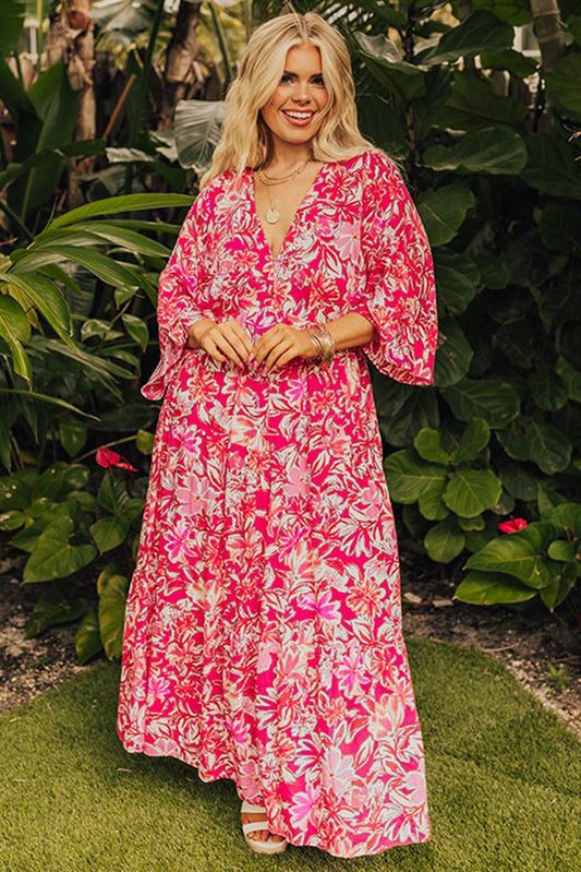 Rose Plus Size Floral V Neck Wide Sleeve Maxi Dress - Premium Plus Size/Plus Size Dresses/Plus Size Maxi Dresses from Ashes 2 Wildflowers Boutique, LLC- Just $52.99! Shop now at Ashes 2 Wildflowers Boutique, LLC