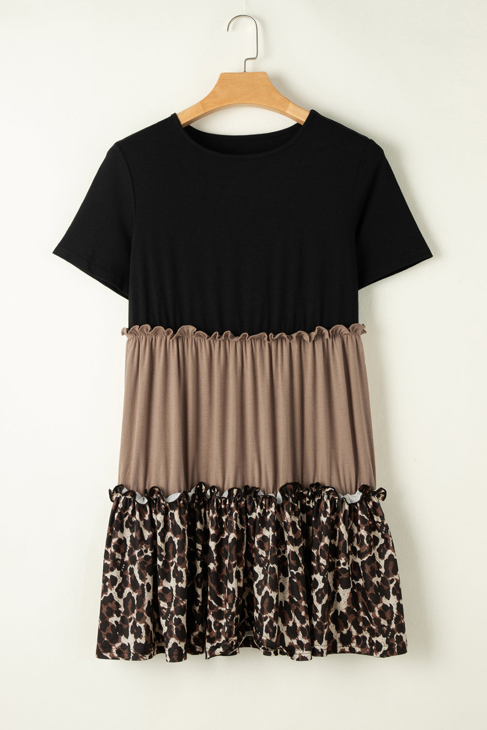 Light French Beige Leopard Print Colorblock Frill Trim T-shirt Dress - Premium Dresses/T Shirt Dresses from Momma Done Gone Crafty- Just $33! Shop now at Momma Done Gone Crafty
