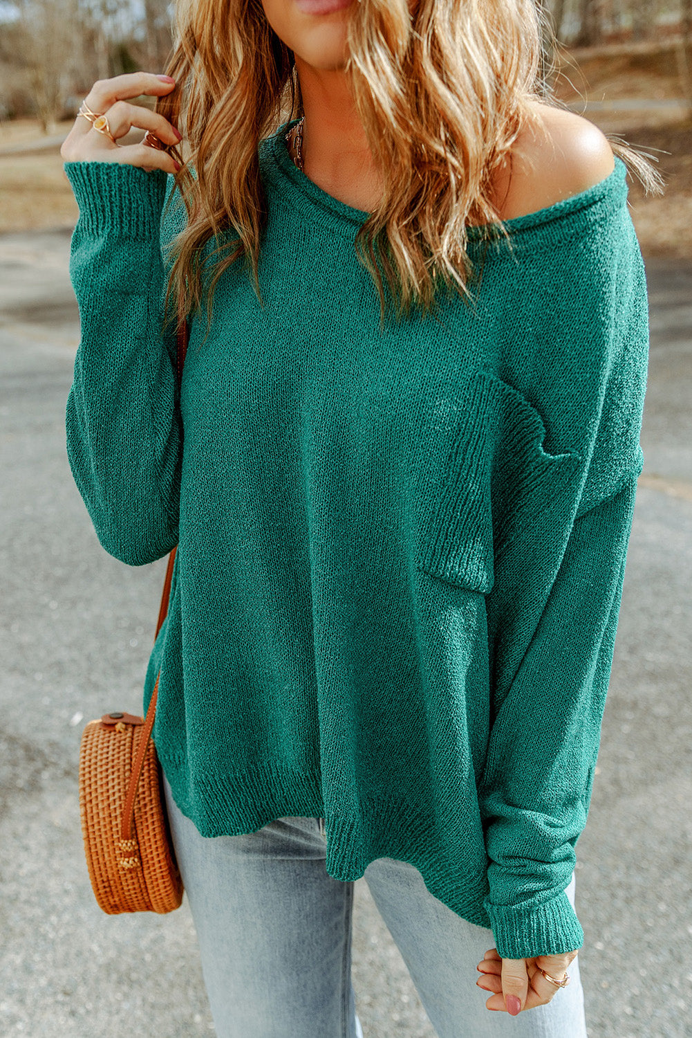 Green Solid Color Off Shoulder Rib Knit Sweater with Pocket - Premium Tops from Momma Done Gone Crafty- Just $40.20! Shop now at Momma Done Gone Crafty