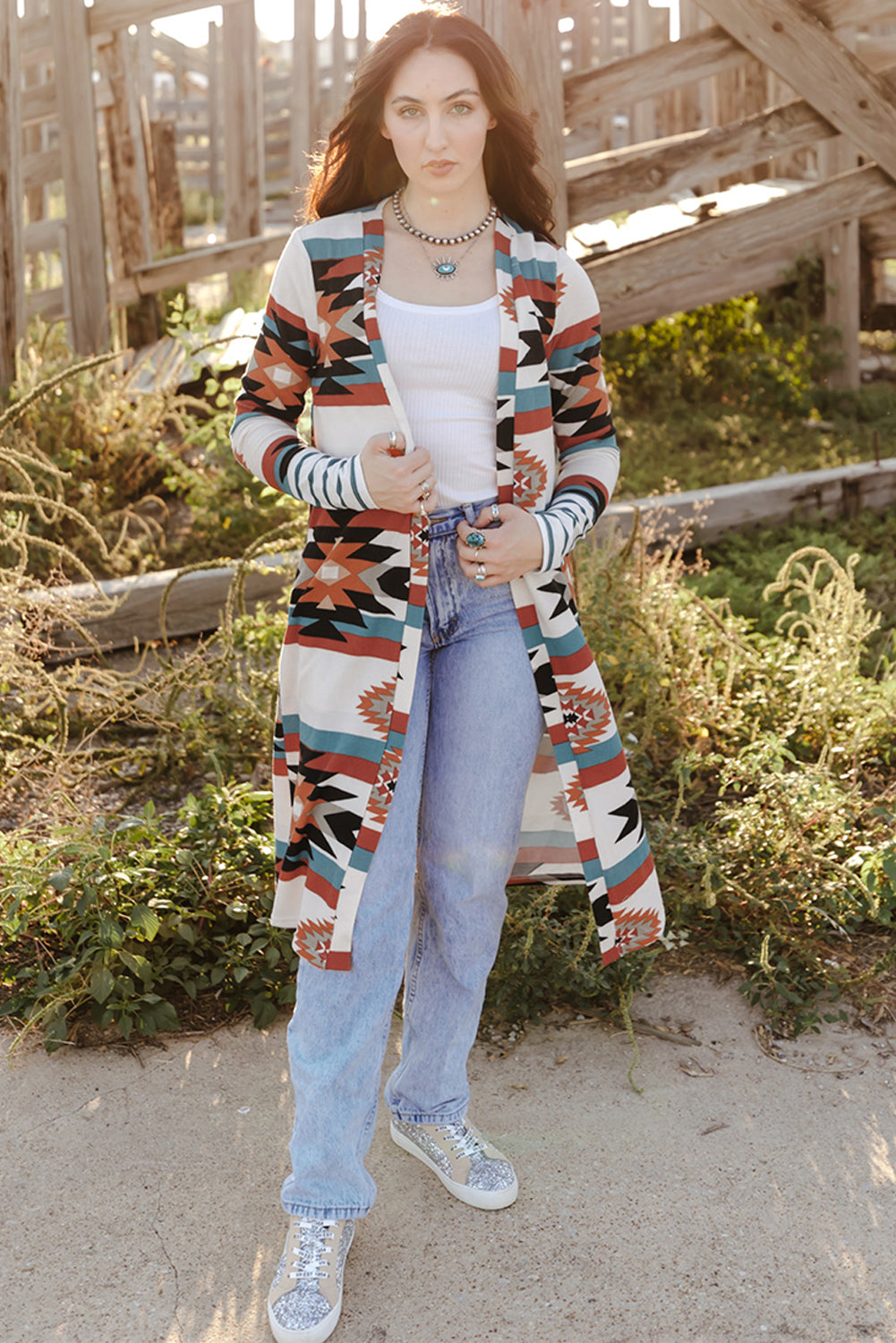 Multicolor Geometric Color Block Open Front Long Cardigan - Premium Tops from Momma Done Gone Crafty- Just $32.94! Shop now at Momma Done Gone Crafty